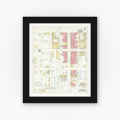 Old map wall art mockup — black gallery frame with white mat — Sanborn Fire Insurance Map from Rosebud, Falls County, Texas (1914), Sheet #0005