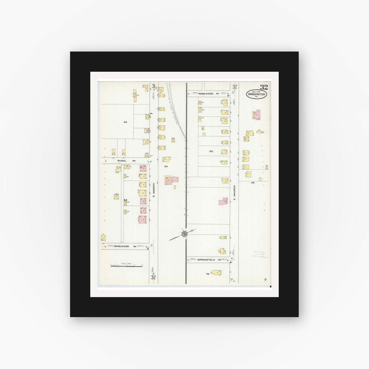 Old map wall art mockup — black gallery frame with white mat — Sanborn Fire Insurance Map from Washington, Washington County, Pennsylvania (1909), Sheet #0032