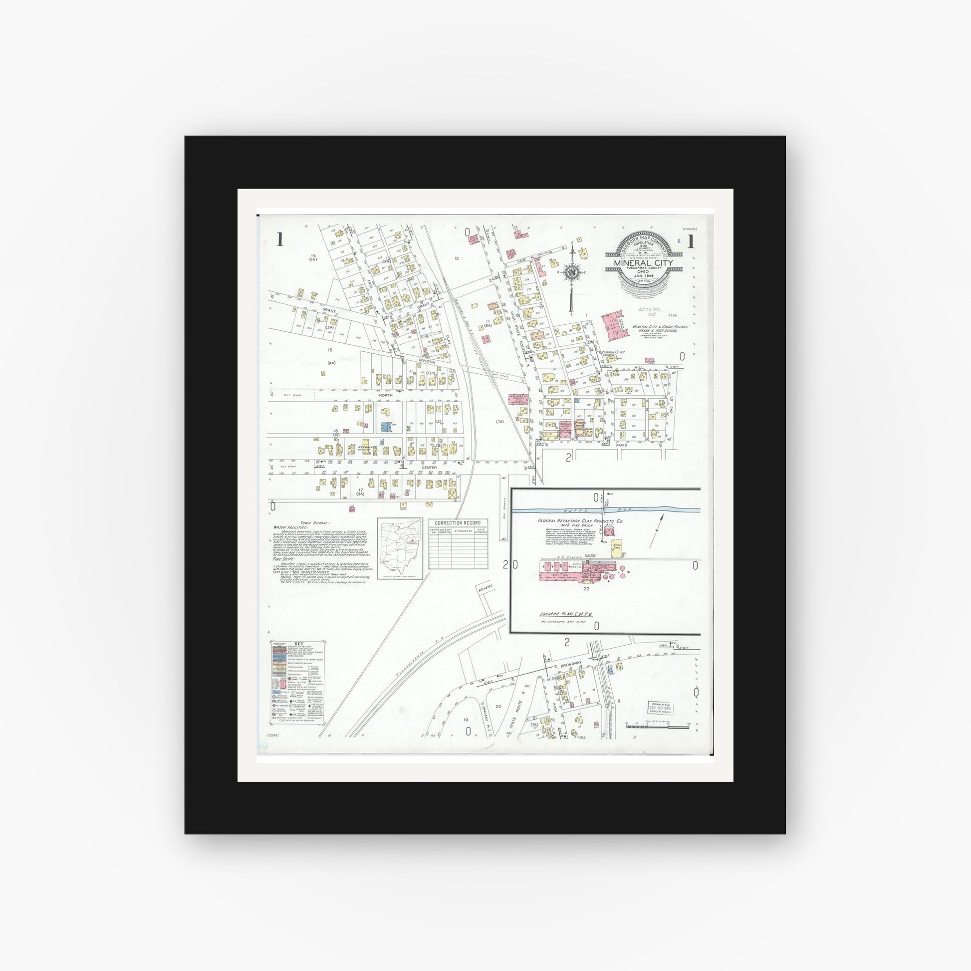 Old map wall art mockup — black gallery frame with white mat — Sanborn Fire Insurance Map from Mineral City, Tuscarawas County, Ohio (1949) - Complete Map Set