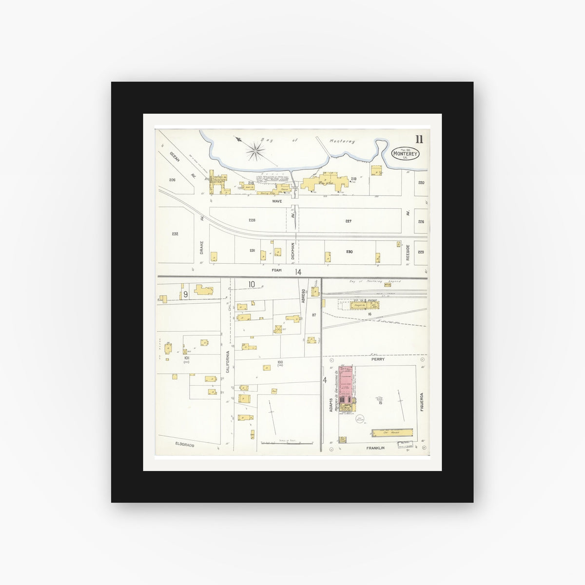 Old map wall art mockup — black gallery frame with white mat — Sanborn Fire Insurance Map from Monterey, Monterey County, California (1905), Sheet #0011