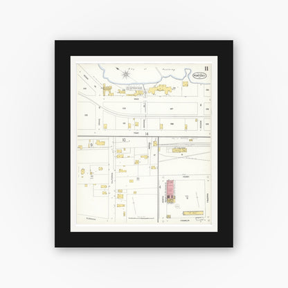 Old map wall art mockup — black gallery frame with white mat — Sanborn Fire Insurance Map from Monterey, Monterey County, California (1905), Sheet #0011