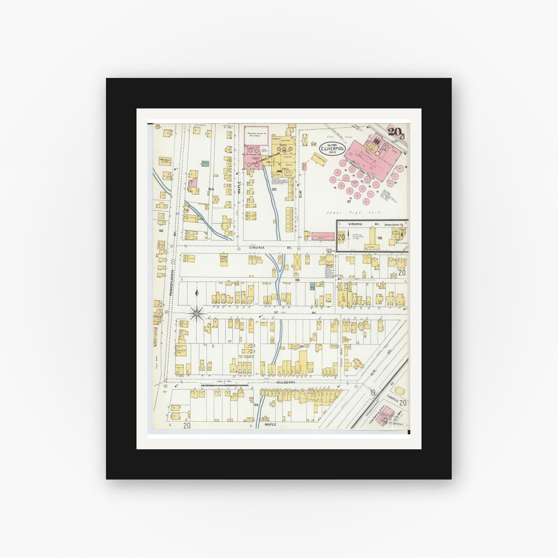 Old map wall art mockup — black gallery frame with white mat — Sanborn Fire Insurance Map from East Liverpool, Columbiana County, Ohio (1903), Sheet #0020