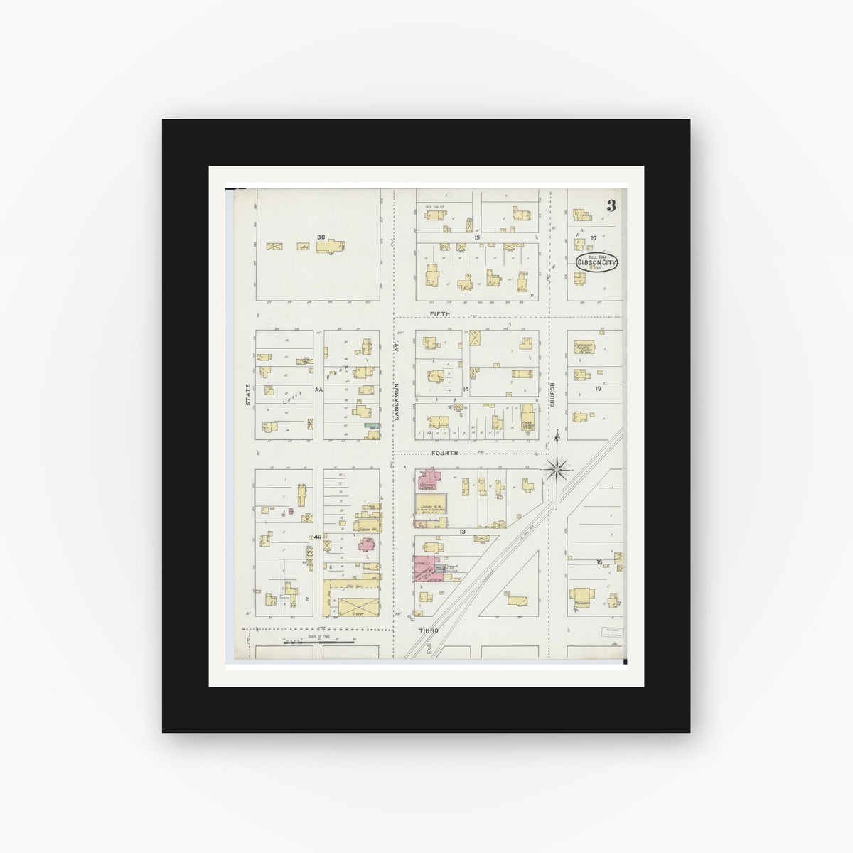 Old map wall art mockup — black gallery frame with white mat — Sanborn Fire Insurance Map from Gibson City, Ford County, Illinois (1894), Sheet #0003