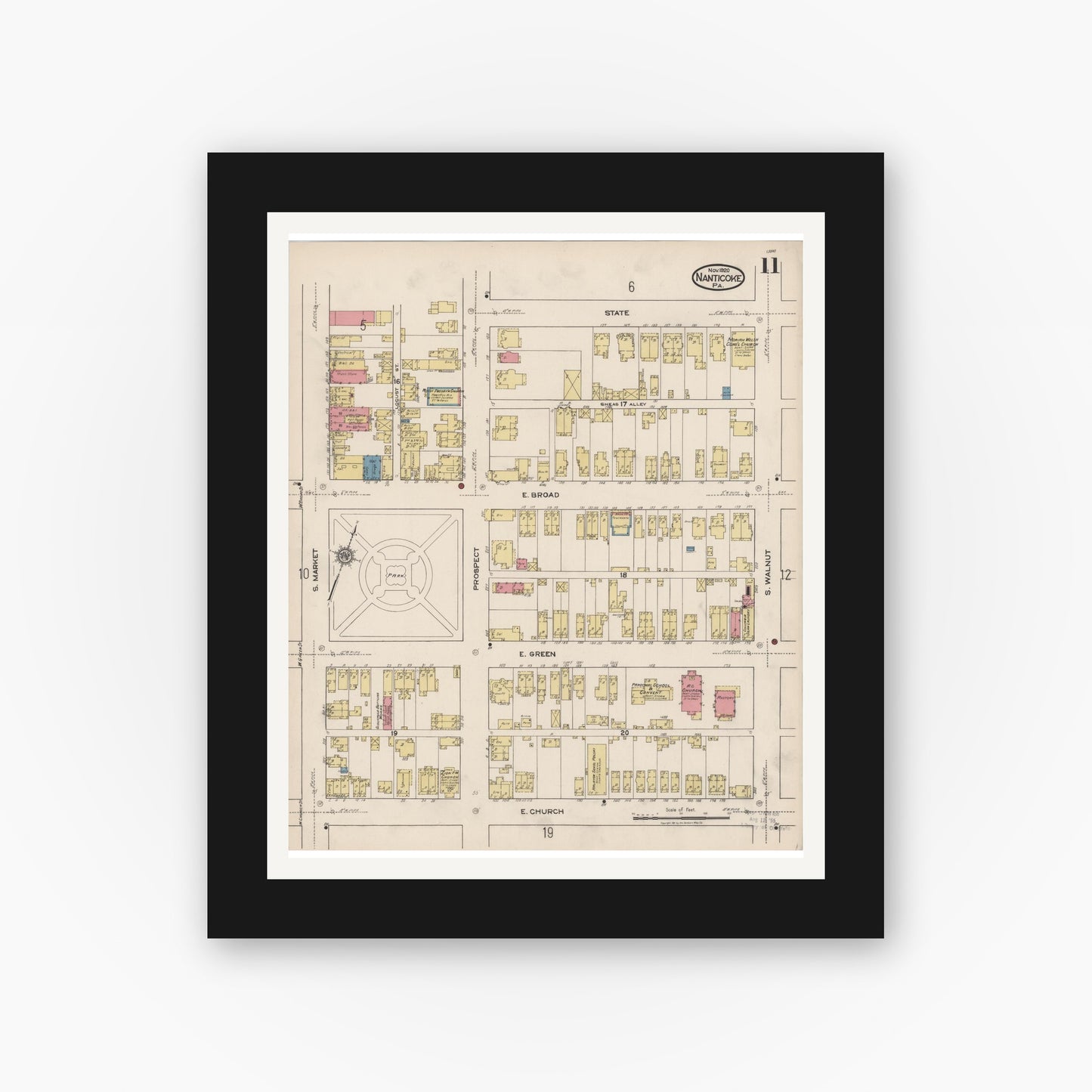 Old map wall art mockup — black gallery frame with white mat — Sanborn Fire Insurance Map from Nanticoke, Luzerne County, Pennsylvania (1920), Sheet #0011