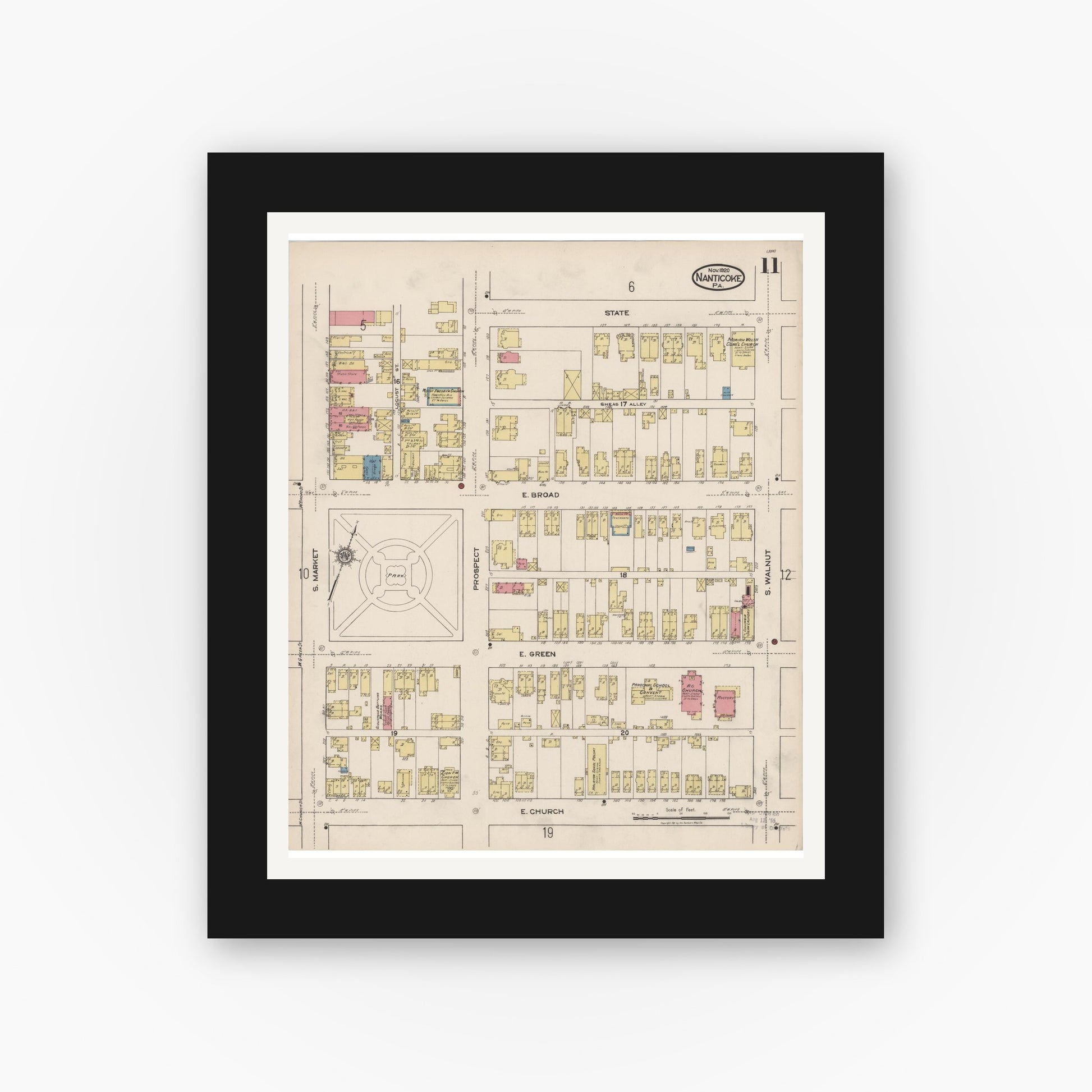 Old map wall art mockup — black gallery frame with white mat — Sanborn Fire Insurance Map from Nanticoke, Luzerne County, Pennsylvania (1920), Sheet #0011
