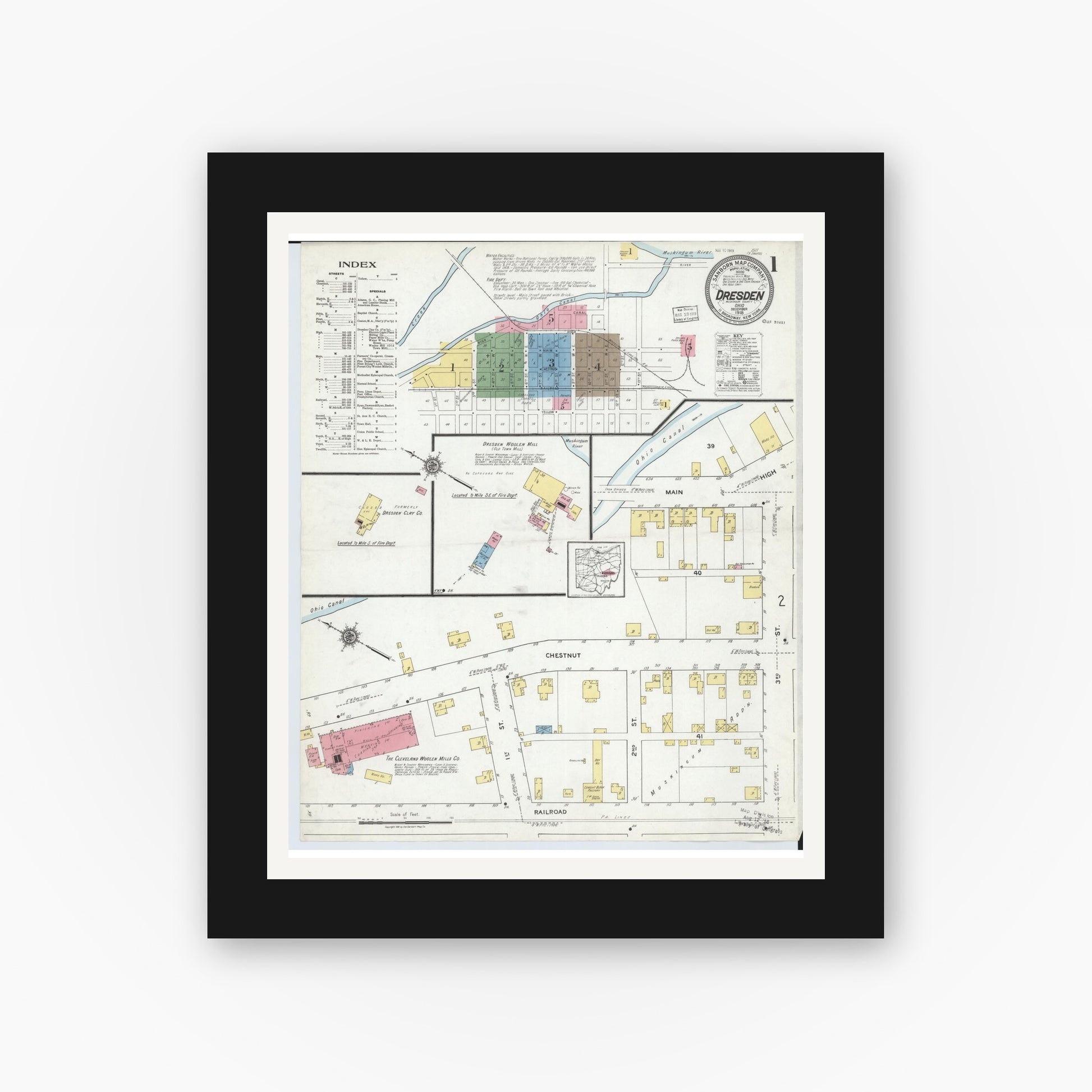 Old map wall art mockup — black gallery frame with white mat — Sanborn Fire Insurance Map from Dresden, Muskingum County, Ohio (1918), Sheet #0001