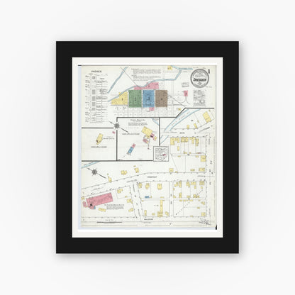 Old map wall art mockup — black gallery frame with white mat — Sanborn Fire Insurance Map from Dresden, Muskingum County, Ohio (1918), Sheet #0001