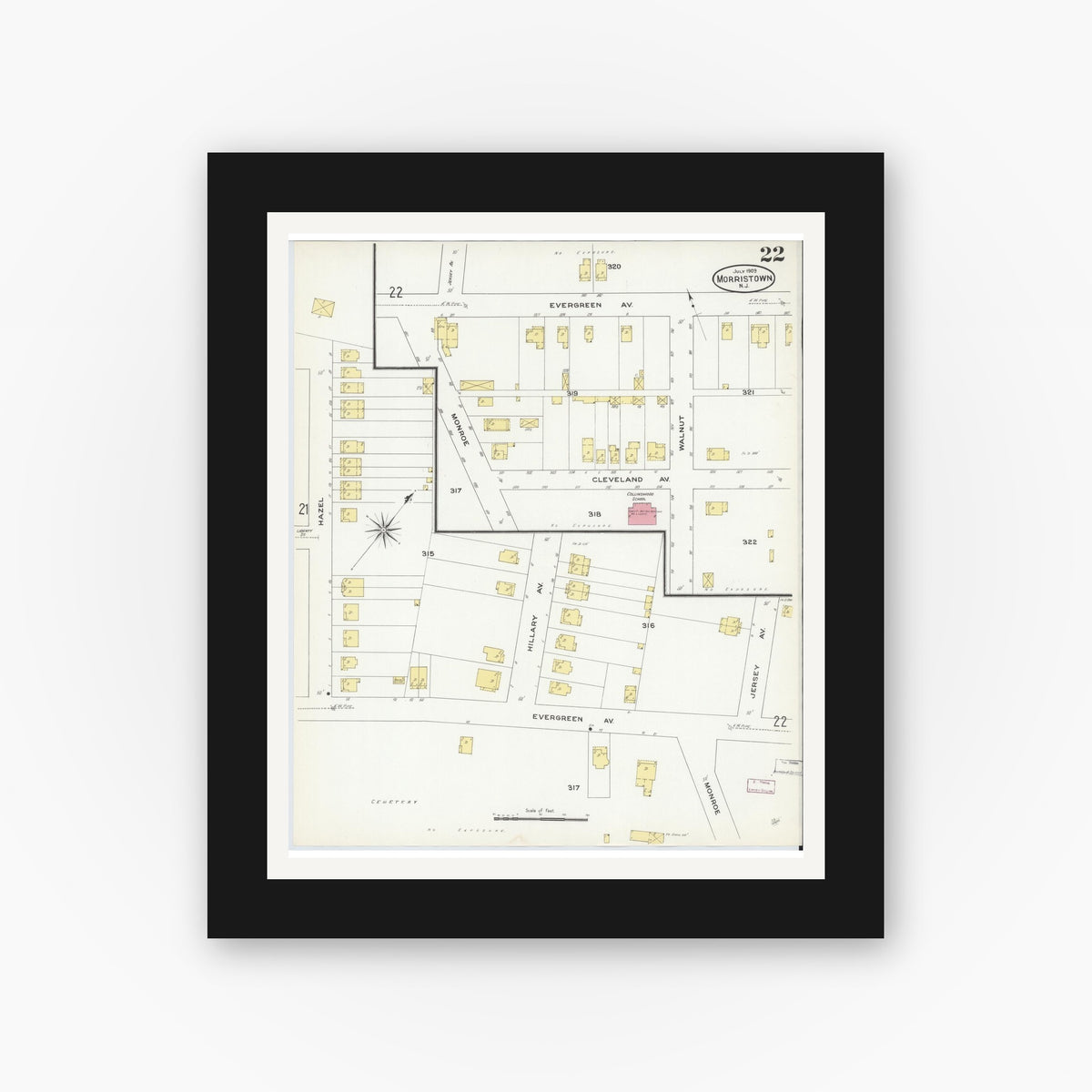 Old map wall art mockup — black gallery frame with white mat — Sanborn Fire Insurance Map from Morristown, Morris County, New Jersey (1909), Sheet #0022