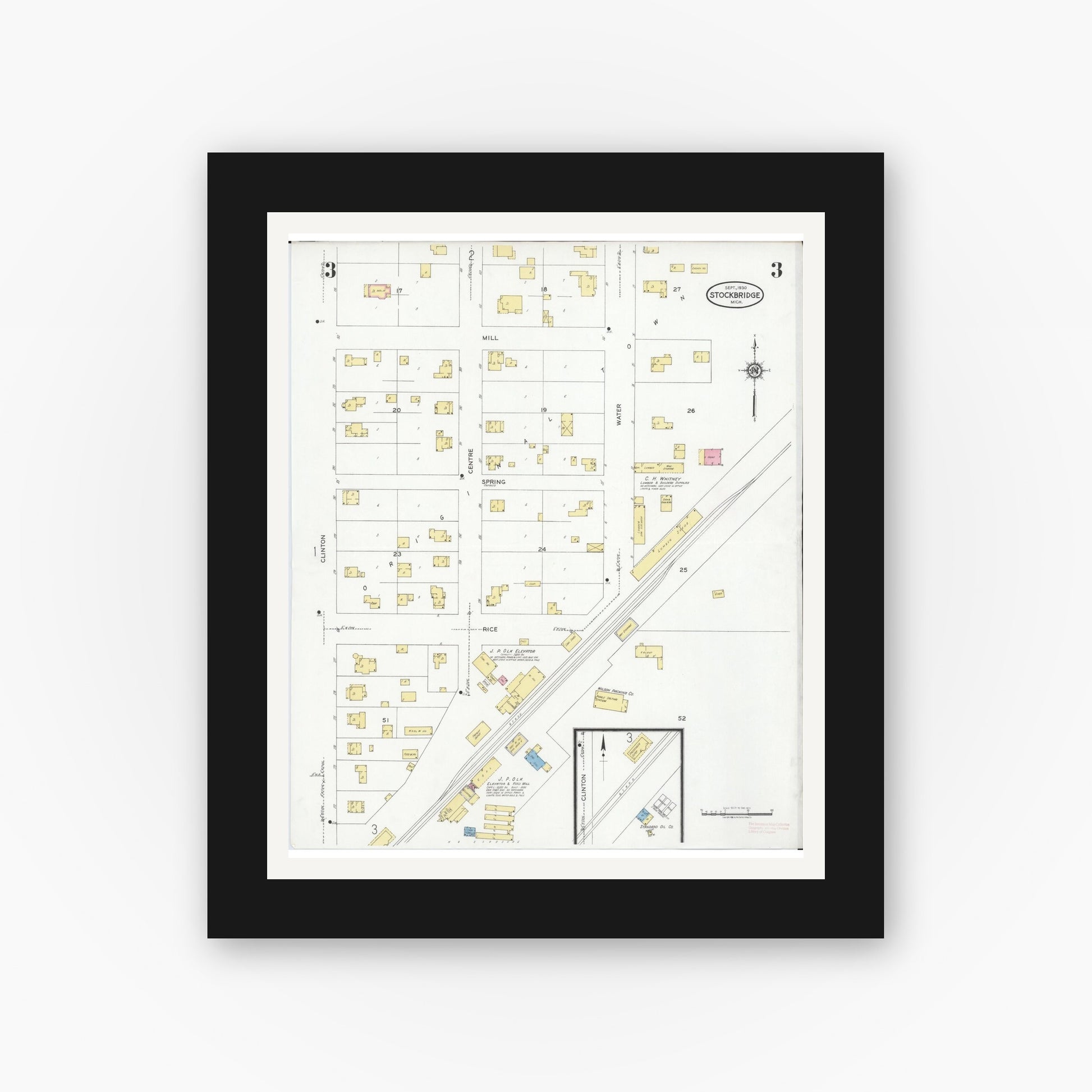 Old map wall art mockup — black gallery frame with white mat — Sanborn Fire Insurance Map from Stockbridge, Ingham County, Michigan (1930), Sheet #0003