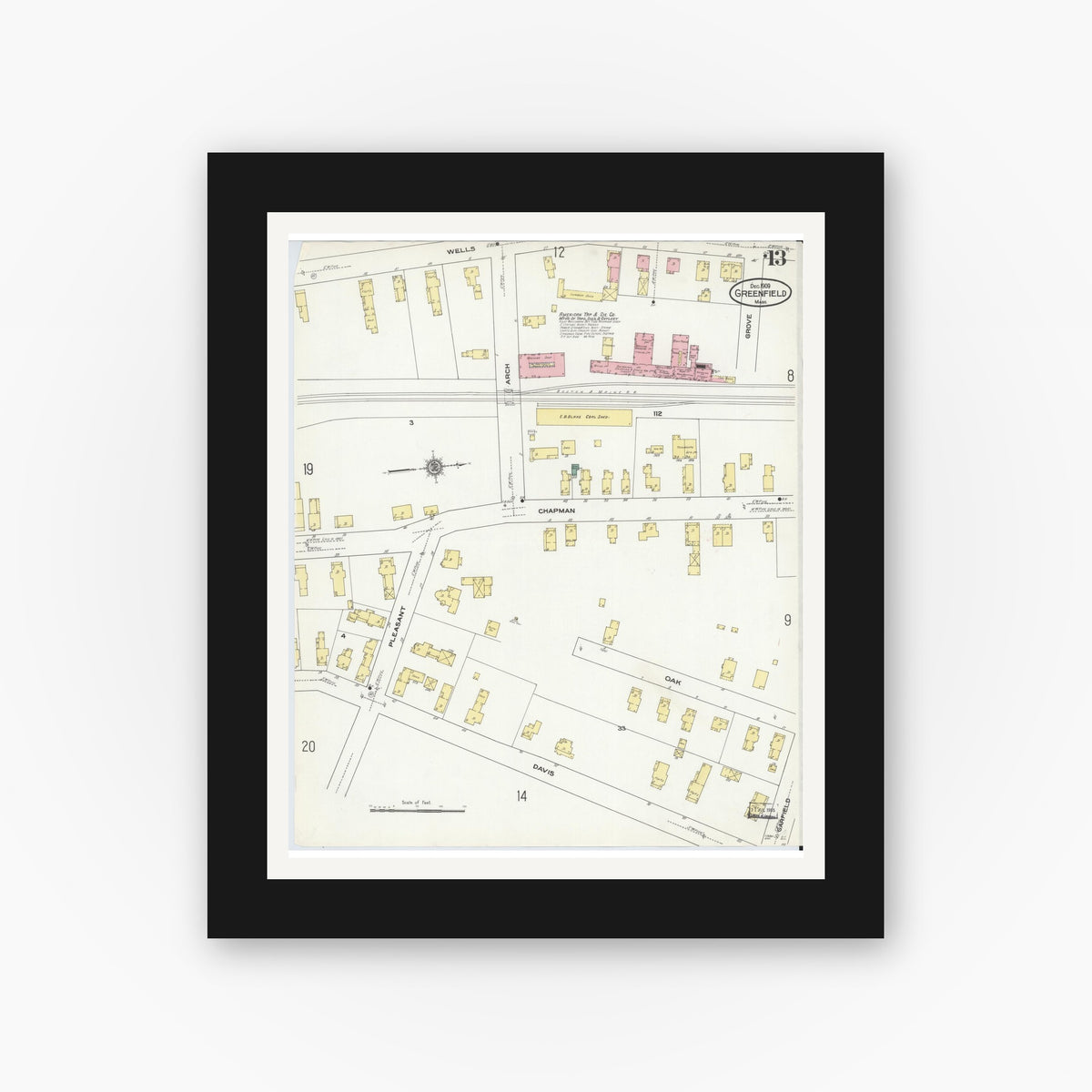 Old map wall art mockup — black gallery frame with white mat — Sanborn Fire Insurance Map from Greenfield, Franklin County, Massachusetts (1909), Sheet #0013