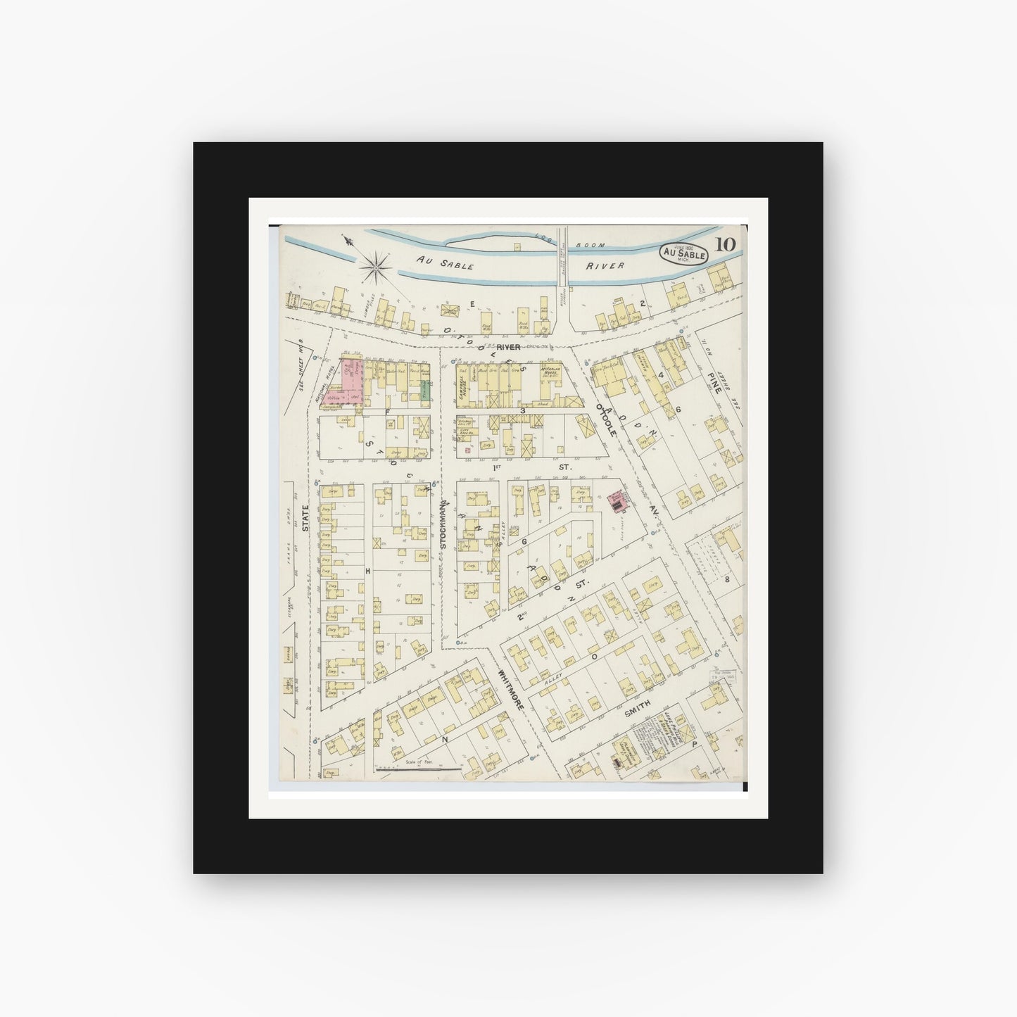 Old map wall art mockup — black gallery frame with white mat — Sanborn Fire Insurance Map from Oscoda, Iosco County, Michigan (1890), Sheet #0010