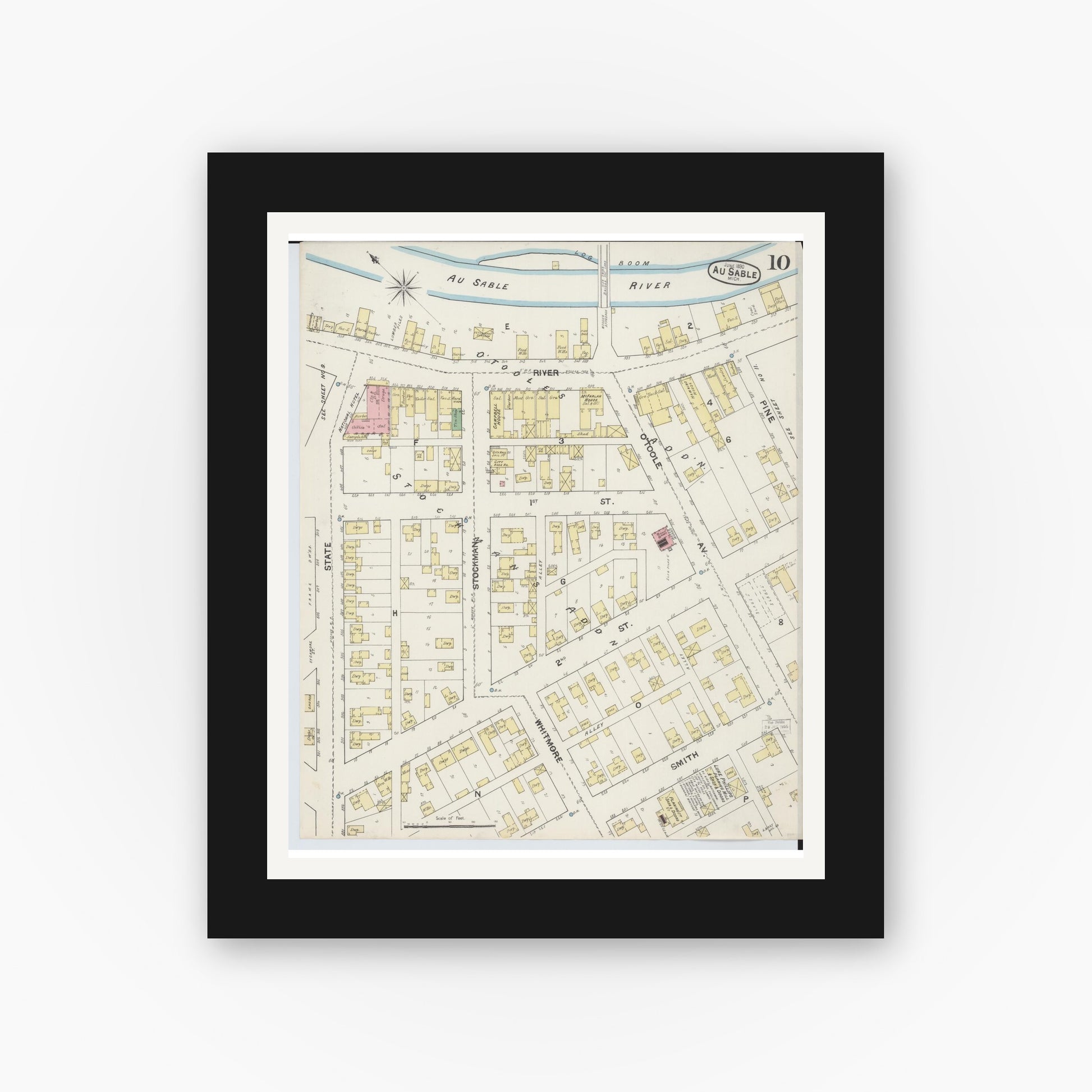 Old map wall art mockup — black gallery frame with white mat — Sanborn Fire Insurance Map from Oscoda, Iosco County, Michigan (1890), Sheet #0010
