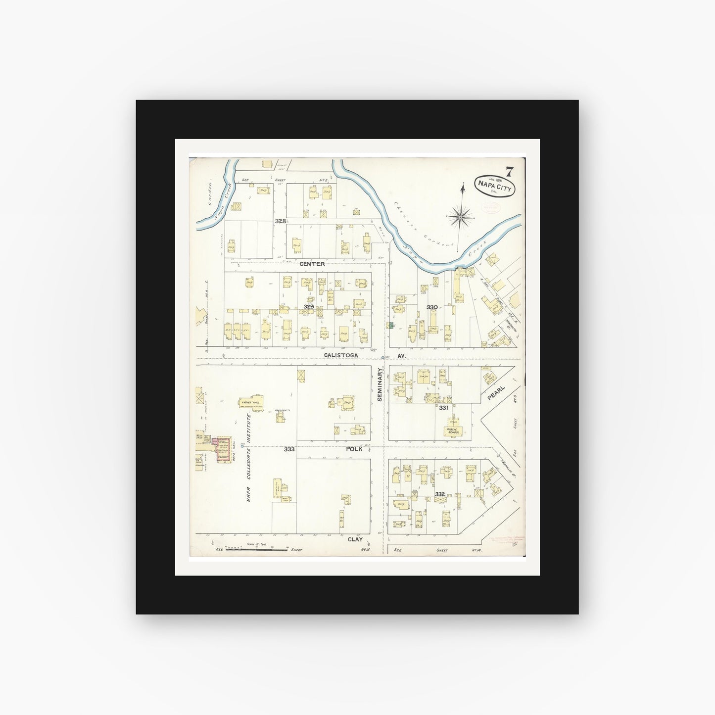 Old map wall art mockup — black gallery frame with white mat — Sanborn Fire Insurance Map from Napa, Napa County, California (1891), Sheet #0007