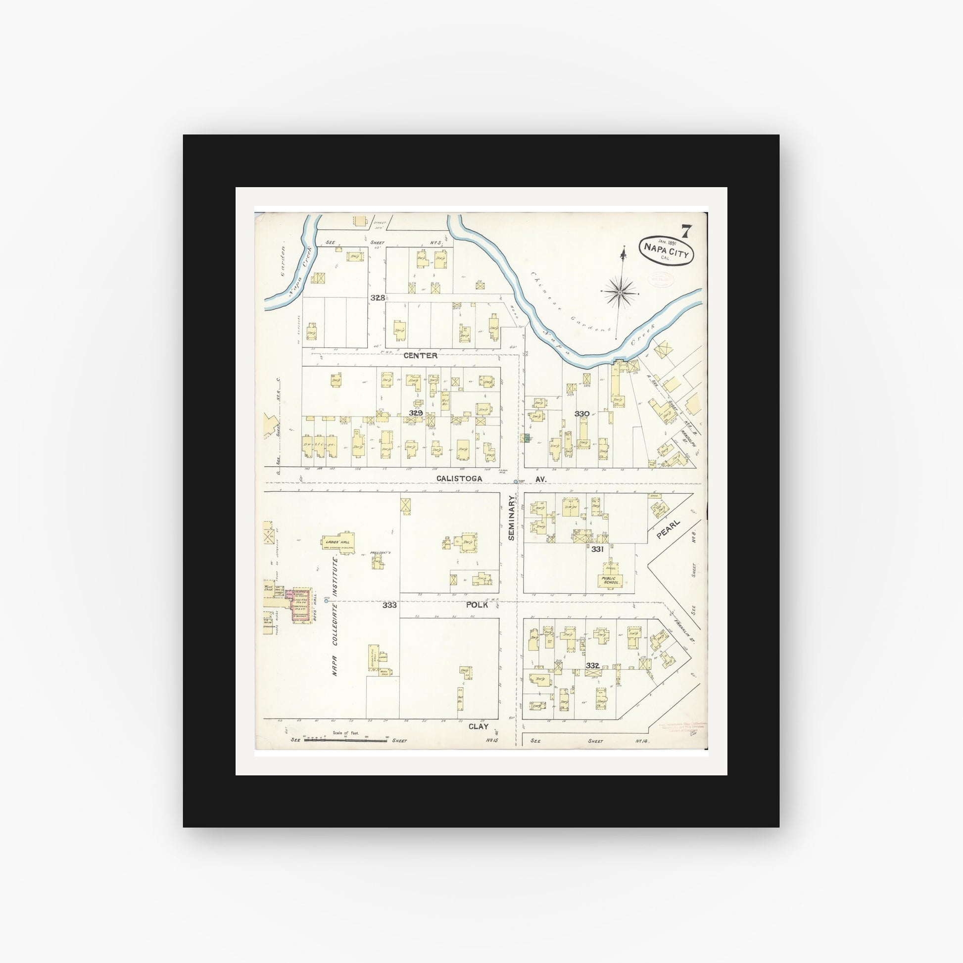Old map wall art mockup — black gallery frame with white mat — Sanborn Fire Insurance Map from Napa, Napa County, California (1891), Sheet #0007