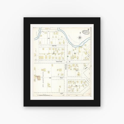 Old map wall art mockup — black gallery frame with white mat — Sanborn Fire Insurance Map from Napa, Napa County, California (1891), Sheet #0007