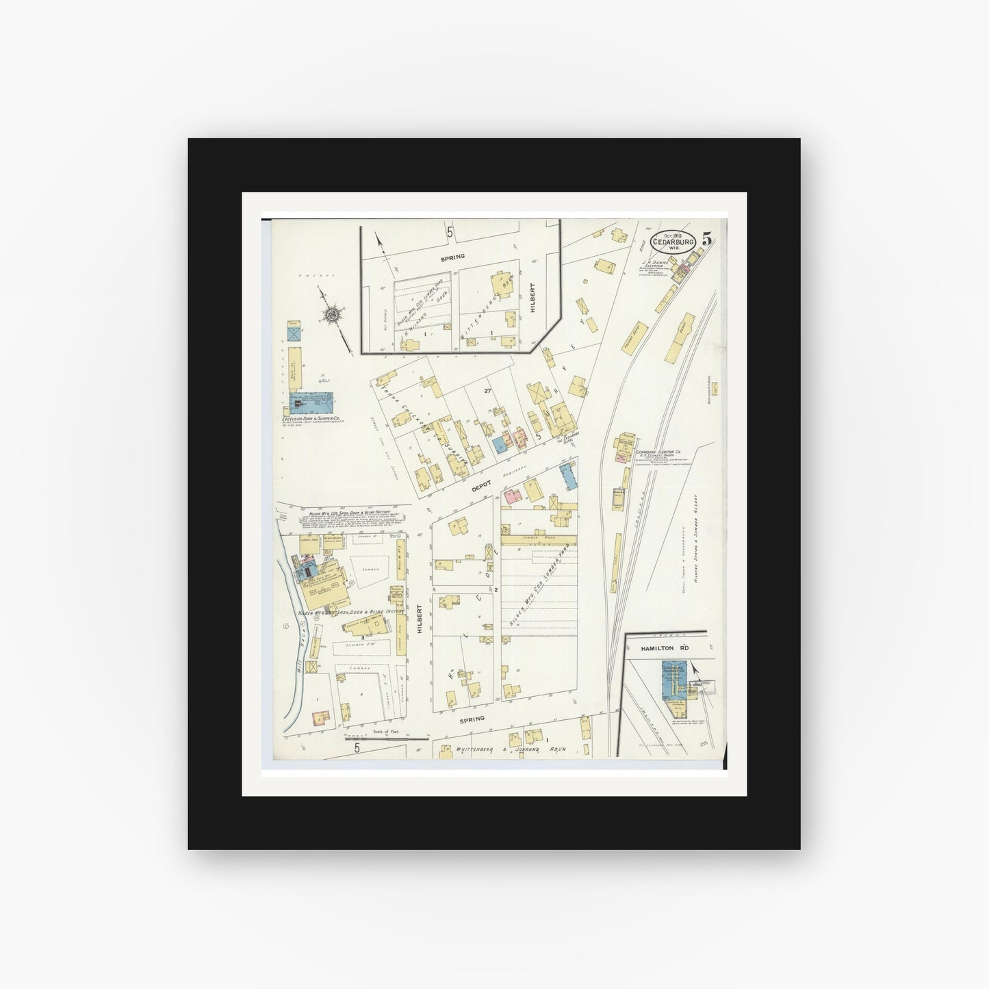 Old map wall art mockup — black gallery frame with white mat — Sanborn Fire Insurance Map from Cedarburg, Ozaukee County, Wisconsin (1910), Sheet #0005