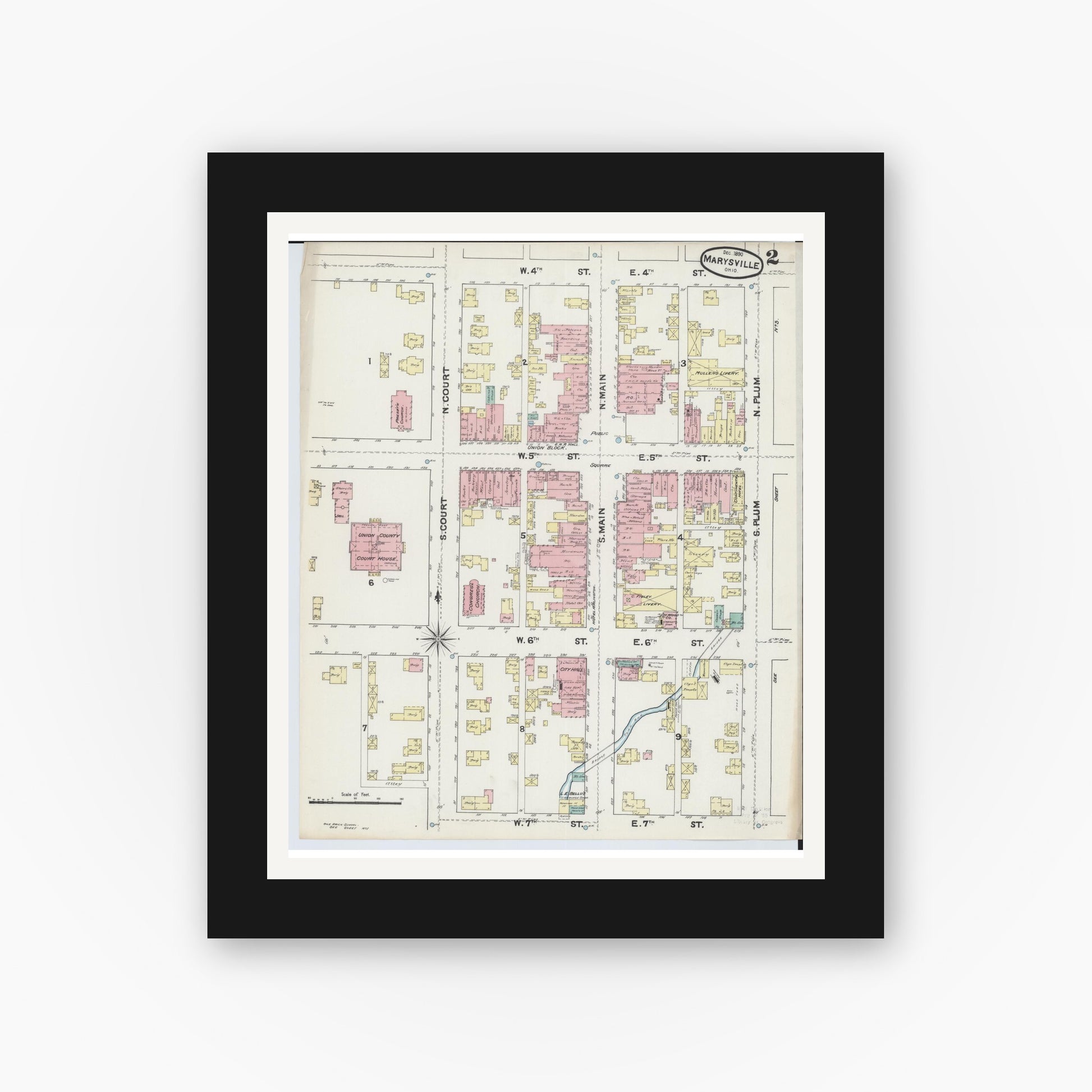 Old map wall art mockup — black gallery frame with white mat — Sanborn Fire Insurance Map from Marysville, Union County, Ohio (1890), Sheet #0002