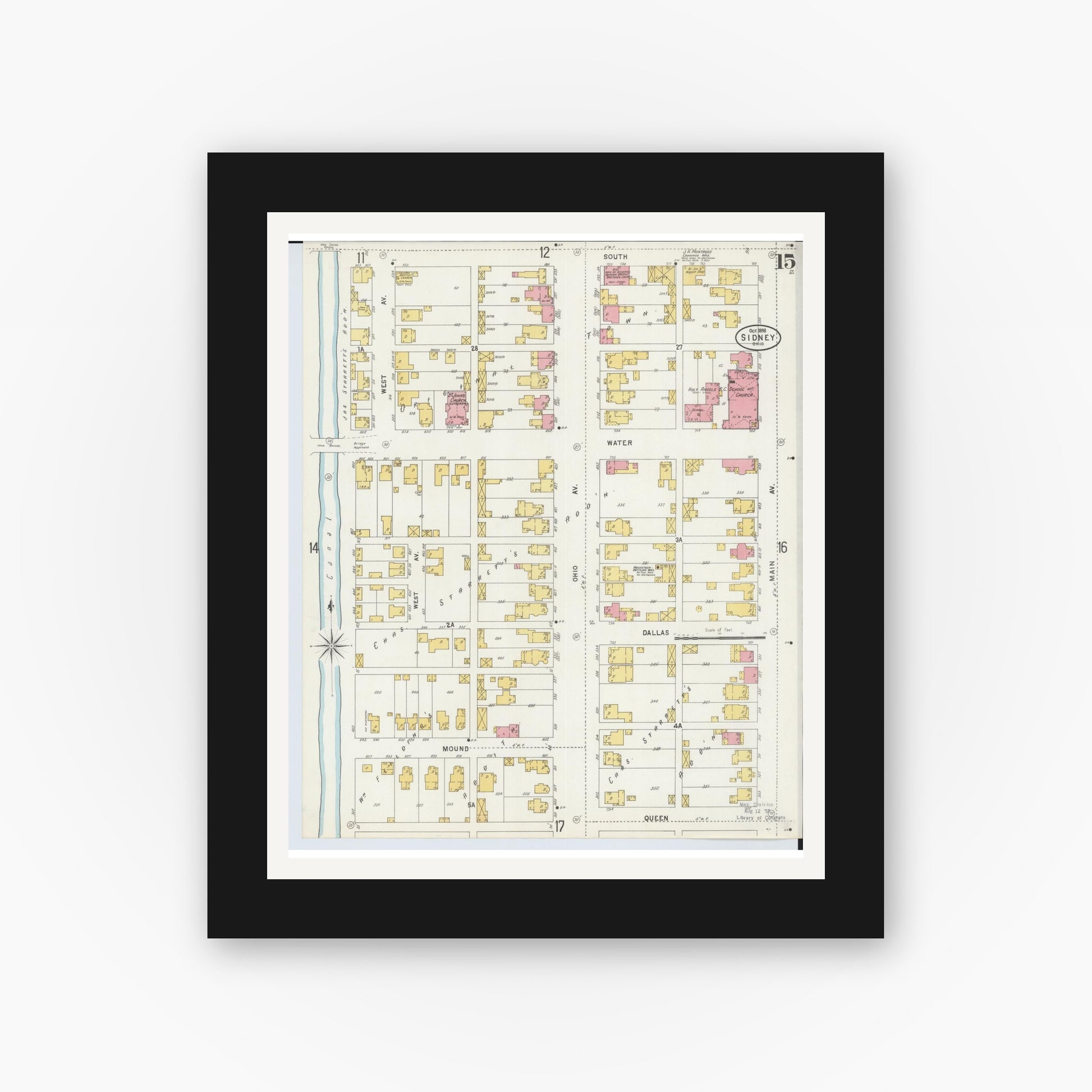 Old map wall art mockup — black gallery frame with white mat — Sanborn Fire Insurance Map from Sidney, Shelby County, Ohio (1898), Sheet #0015
