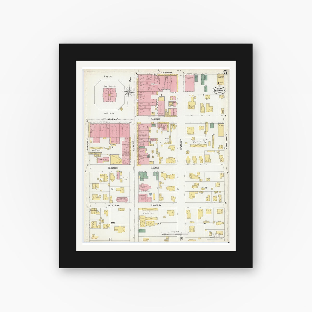 Old map wall art mockup — black gallery frame with white mat — Sanborn Fire Insurance Map from Sherman, Grayson County, Texas (1902), Sheet #0005