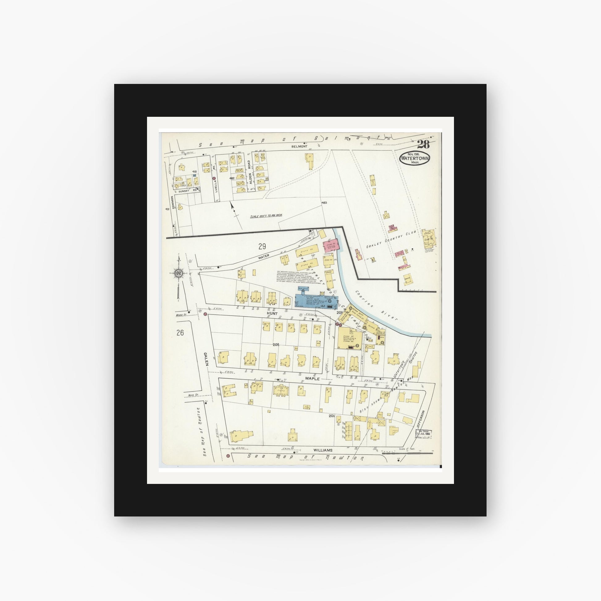 Old map wall art mockup — black gallery frame with white mat — Sanborn Fire Insurance Map from Watertown, Middlesex County, Massachusetts (1916), Sheet #0028