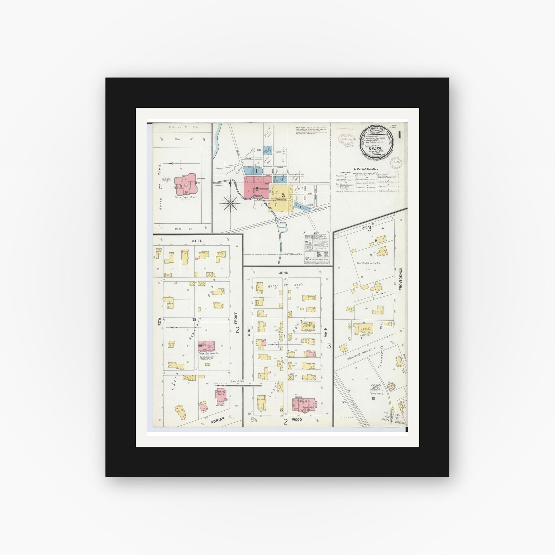 Old map wall art mockup — black gallery frame with white mat — Sanborn Fire Insurance Map from Delta, Fulton County, Ohio (1899) - Complete Map Set