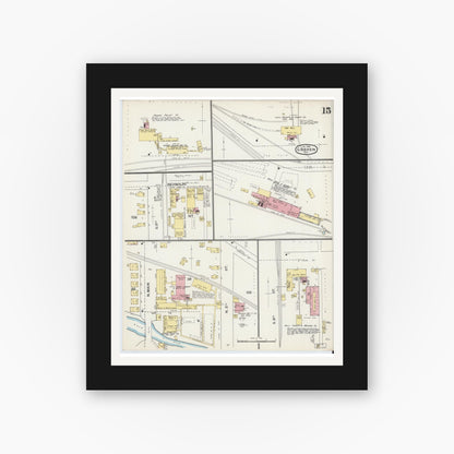 Old map wall art mockup — black gallery frame with white mat — Sanborn Fire Insurance Map from Goshen, Elkhart County, Indiana (1892), Sheet #0015