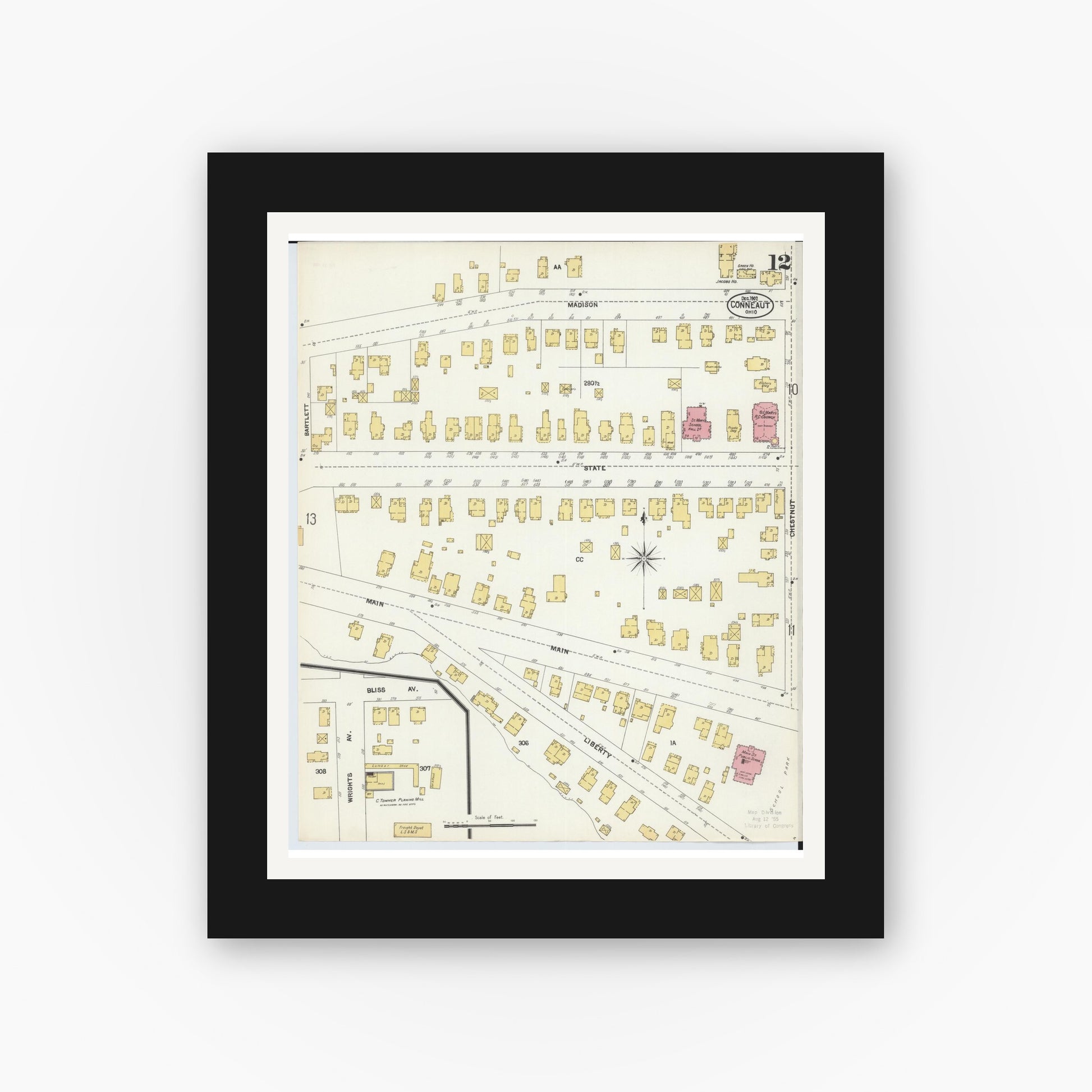 Old map wall art mockup — black gallery frame with white mat — Sanborn Fire Insurance Map from Conneaut, Ashtabula County, Ohio (1902), Sheet #0012