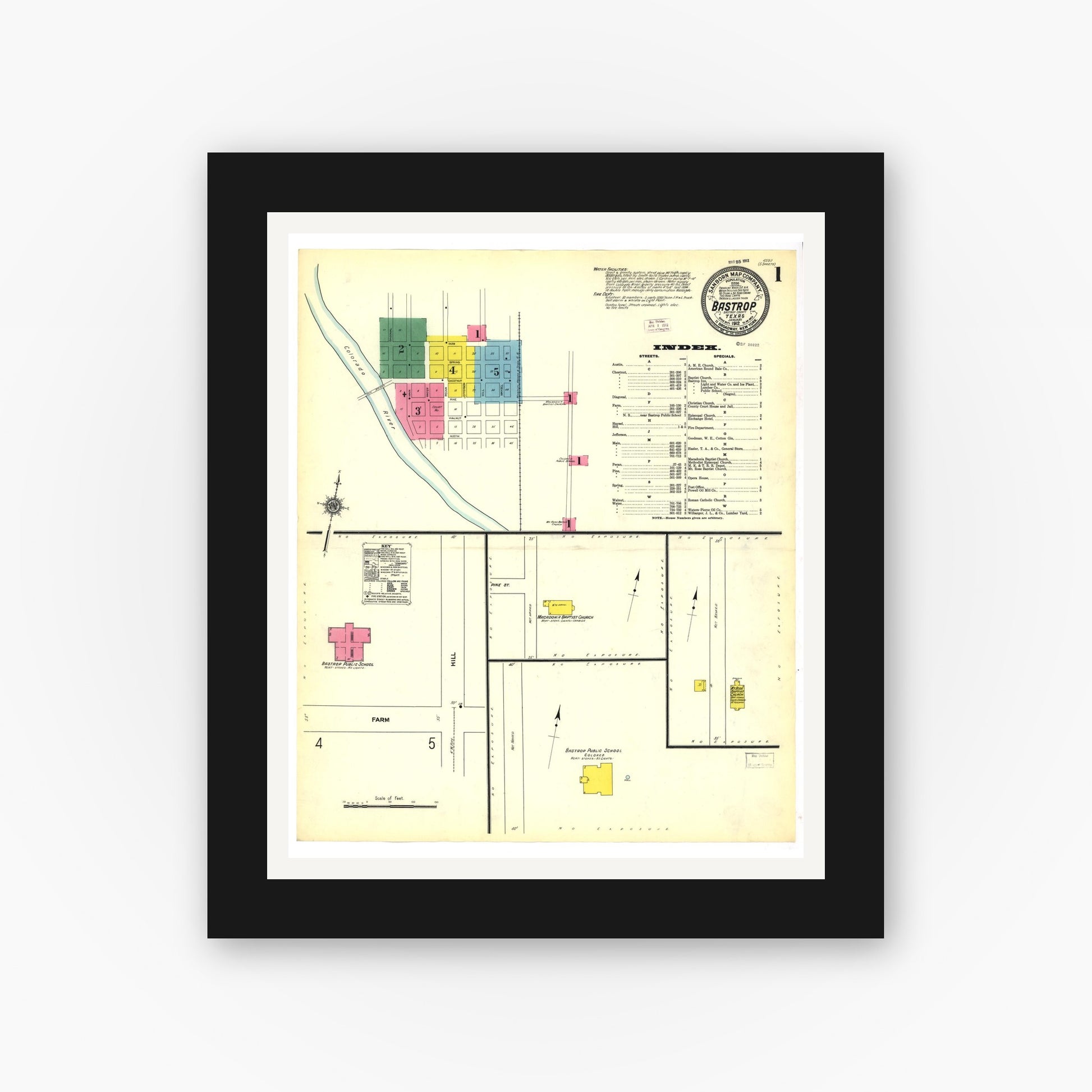 Old map wall art mockup — black gallery frame with white mat — Sanborn Fire Insurance Map from Bastrop, Bastrop County, Texas (1912), Sheet #0001