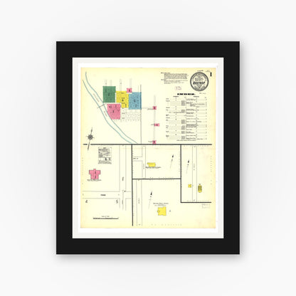 Old map wall art mockup — black gallery frame with white mat — Sanborn Fire Insurance Map from Bastrop, Bastrop County, Texas (1912), Sheet #0001