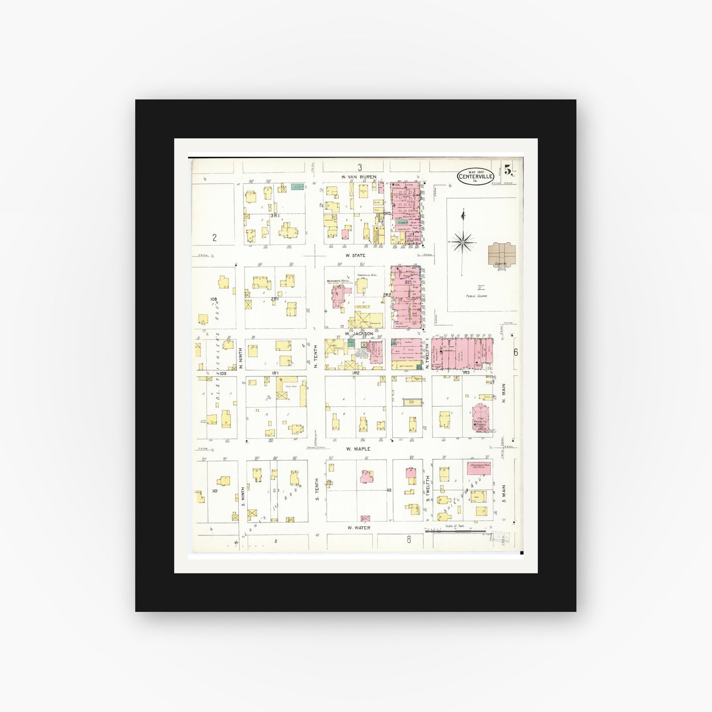 Old map wall art mockup — black gallery frame with white mat — Sanborn Fire Insurance Map from Centerville, Appanoose County, Iowa (1907), Sheet #0005