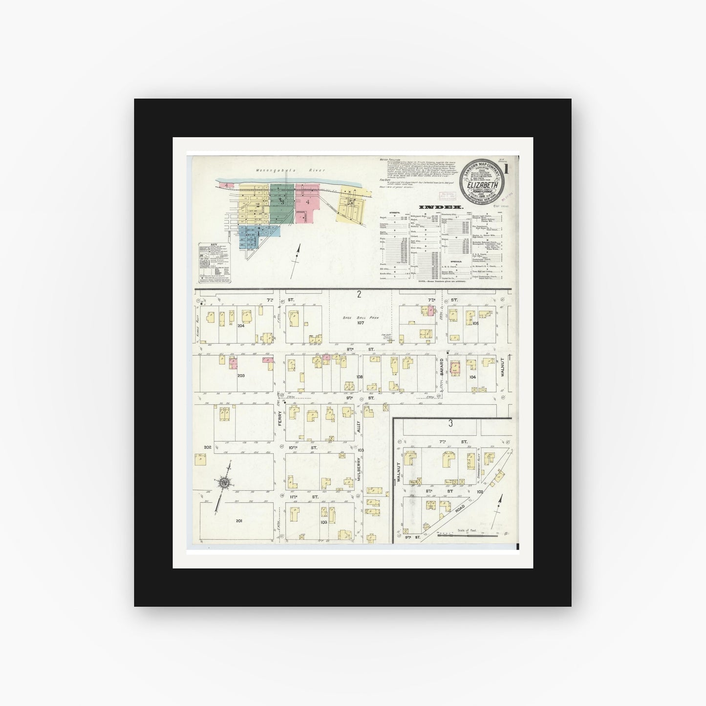 Old map wall art mockup — black gallery frame with white mat — Sanborn Fire Insurance Map from Elizabeth, Allegheny County, Pennsylvania (1910) - Complete Map Set