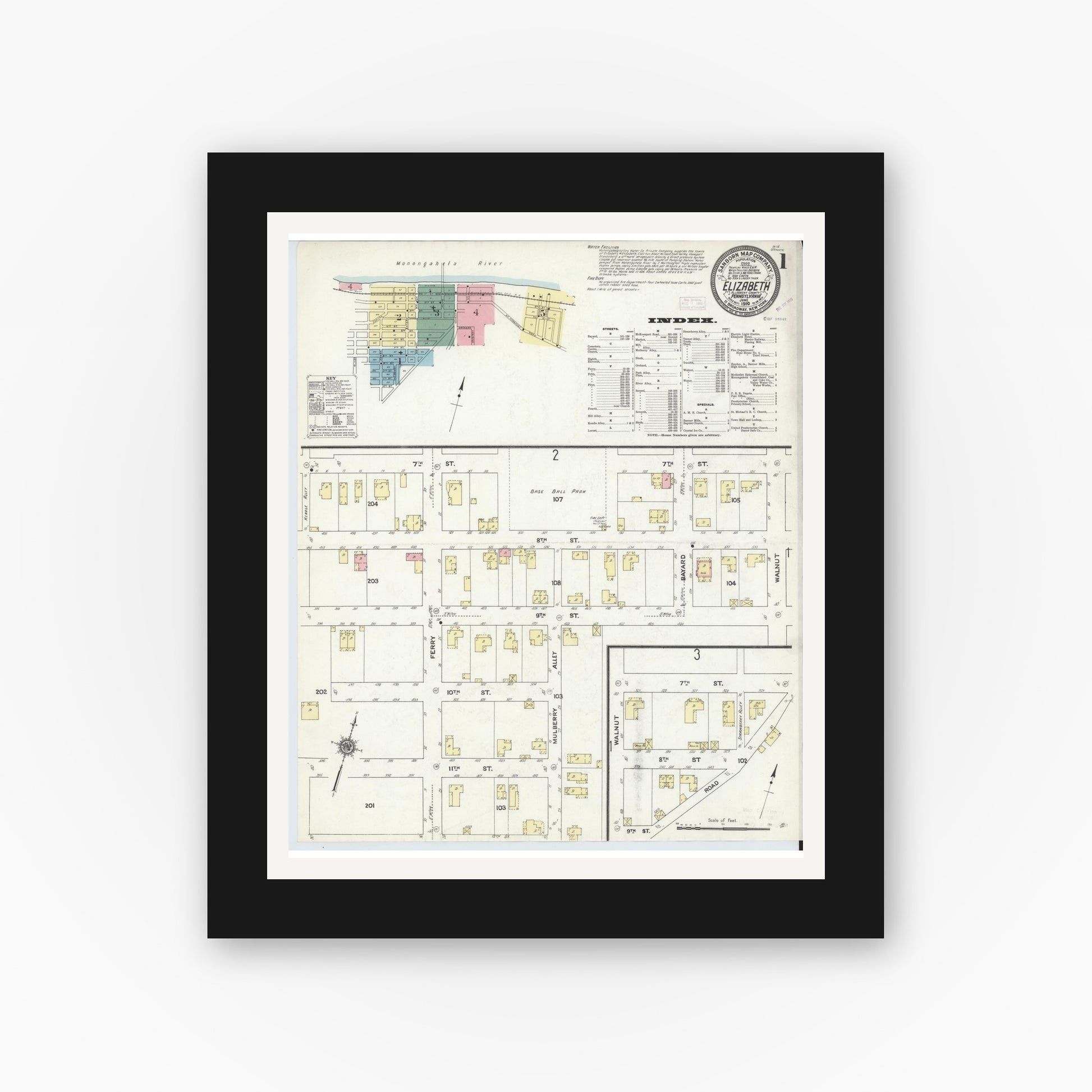 Old map wall art mockup — black gallery frame with white mat — Sanborn Fire Insurance Map from Elizabeth, Allegheny County, Pennsylvania (1910) - Complete Map Set