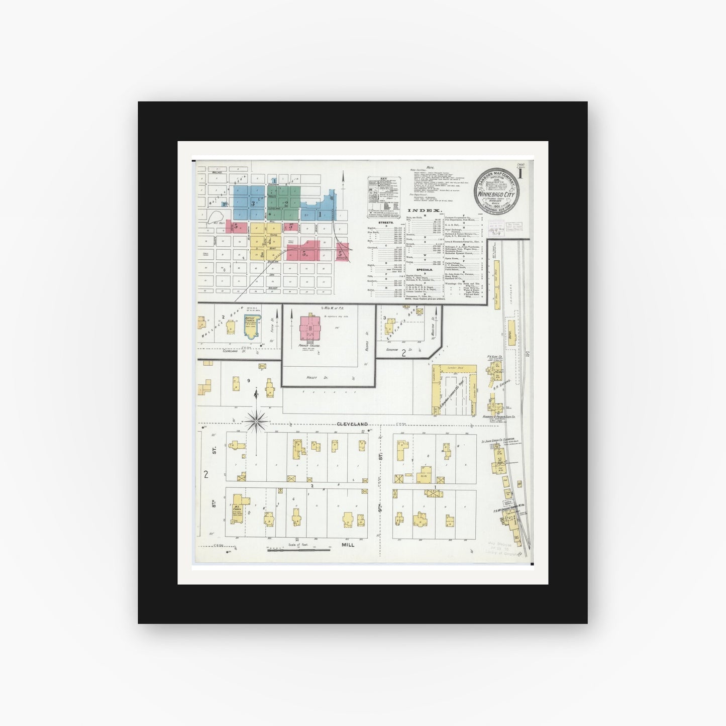 Old map wall art mockup — black gallery frame with white mat — Sanborn Fire Insurance Map from Winnebago, Faribault County, Minnesota (1905), Sheet #0001
