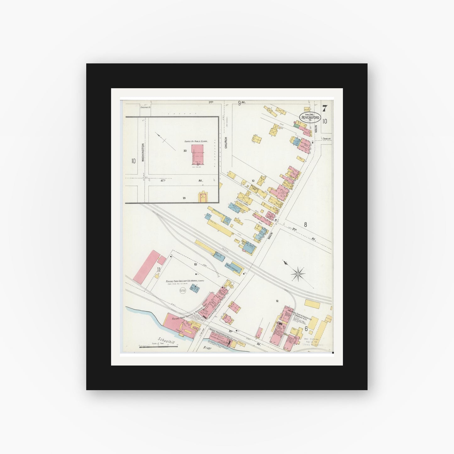 Old map wall art mockup — black gallery frame with white mat — Sanborn Fire Insurance Map from Royersford, Montgomery County, Pennsylvania (1902), Sheet #0007