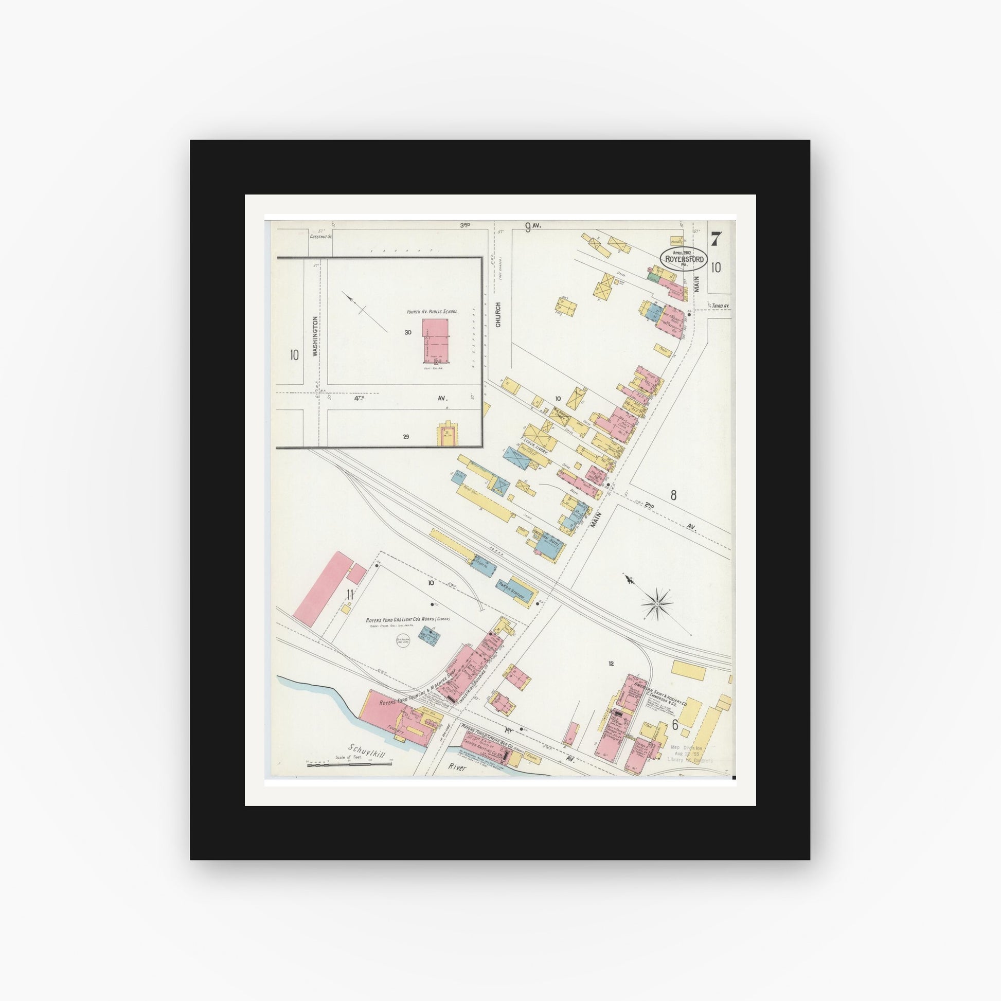 Old map wall art mockup — black gallery frame with white mat — Sanborn Fire Insurance Map from Royersford, Montgomery County, Pennsylvania (1902), Sheet #0007