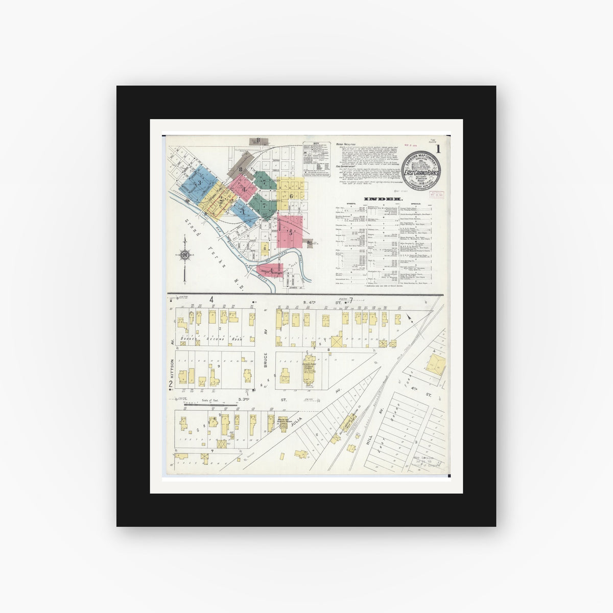 Old map wall art mockup — black gallery frame with white mat — Sanborn Fire Insurance Map from East Grand Forks, Polk County, Minnesota (1909) - Complete Map Set
