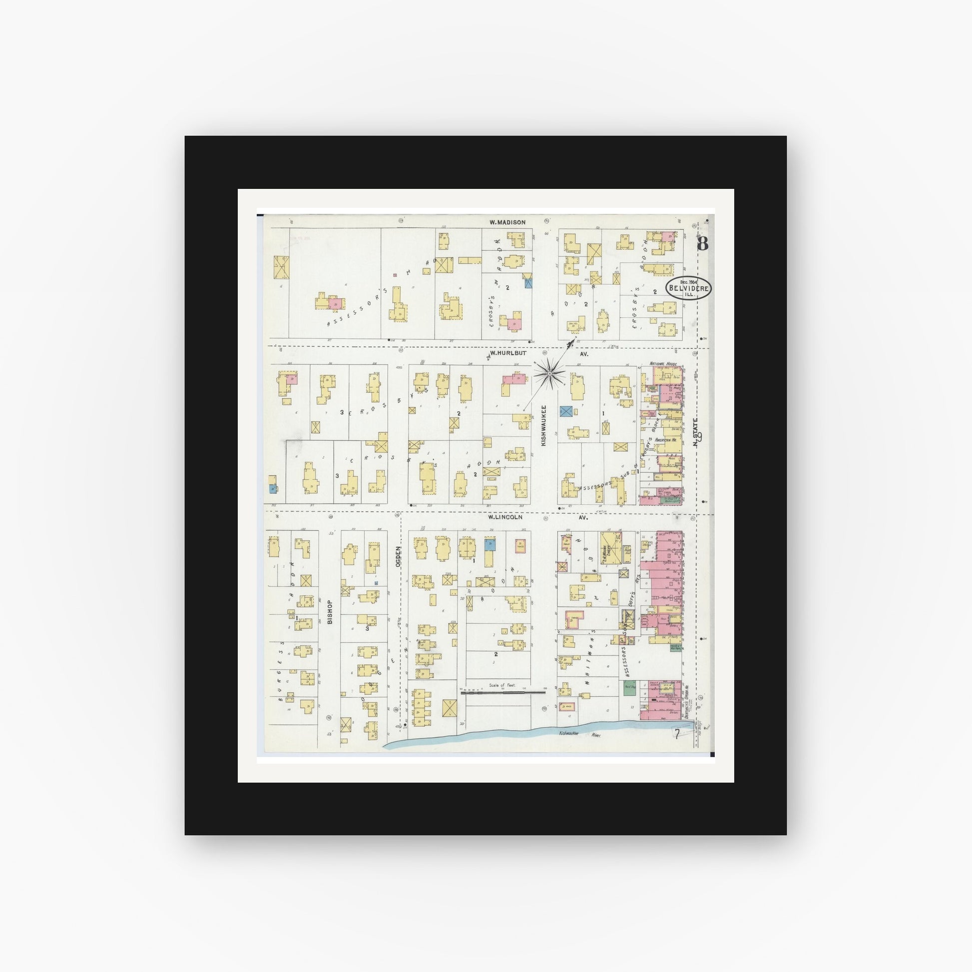 Old map wall art mockup — black gallery frame with white mat — Sanborn Fire Insurance Map from Belvidere, Boone County, Illinois (1904), Sheet #0008