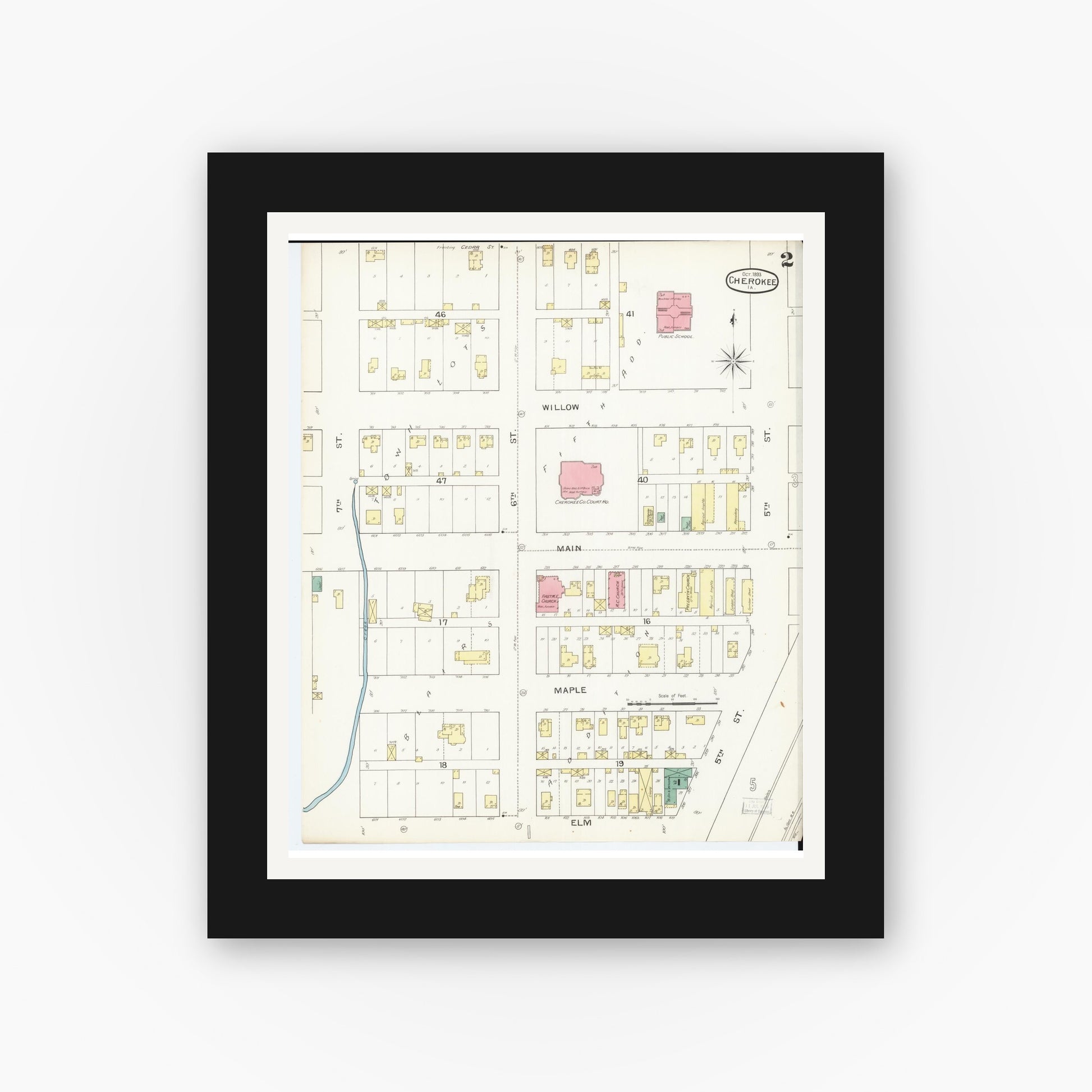 Old map wall art mockup — black gallery frame with white mat — Sanborn Fire Insurance Map from Cherokee, Cherokee County, Iowa (1893), Sheet #0002