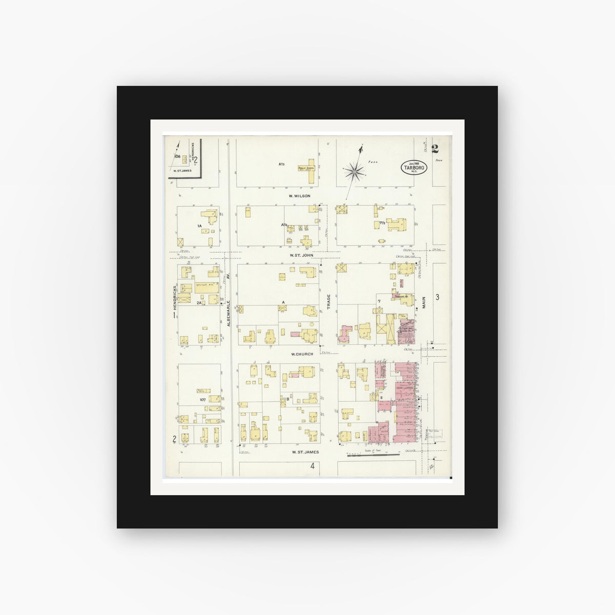 Old map wall art mockup — black gallery frame with white mat — Sanborn Fire Insurance Map from Tarboro, Edgecombe County, North Carolina (1908), Sheet #0002