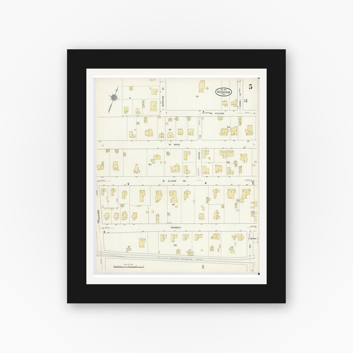 Old map wall art mockup — black gallery frame with white mat — Sanborn Fire Insurance Map from Brenham, Washington County, Texas (1912), Sheet #0005