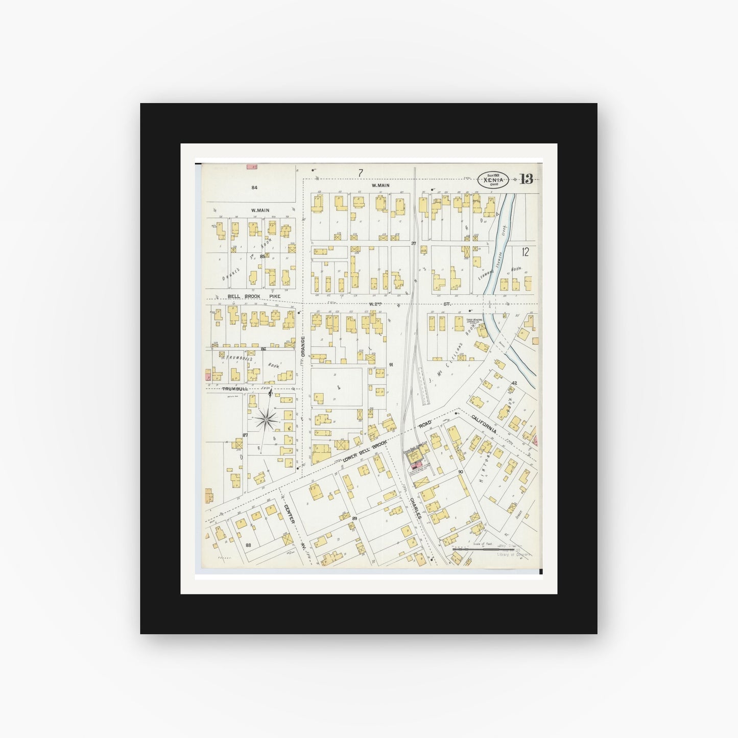 Old map wall art mockup — black gallery frame with white mat — Sanborn Fire Insurance Map from Xenia, Greene County, Ohio (1901), Sheet #0013