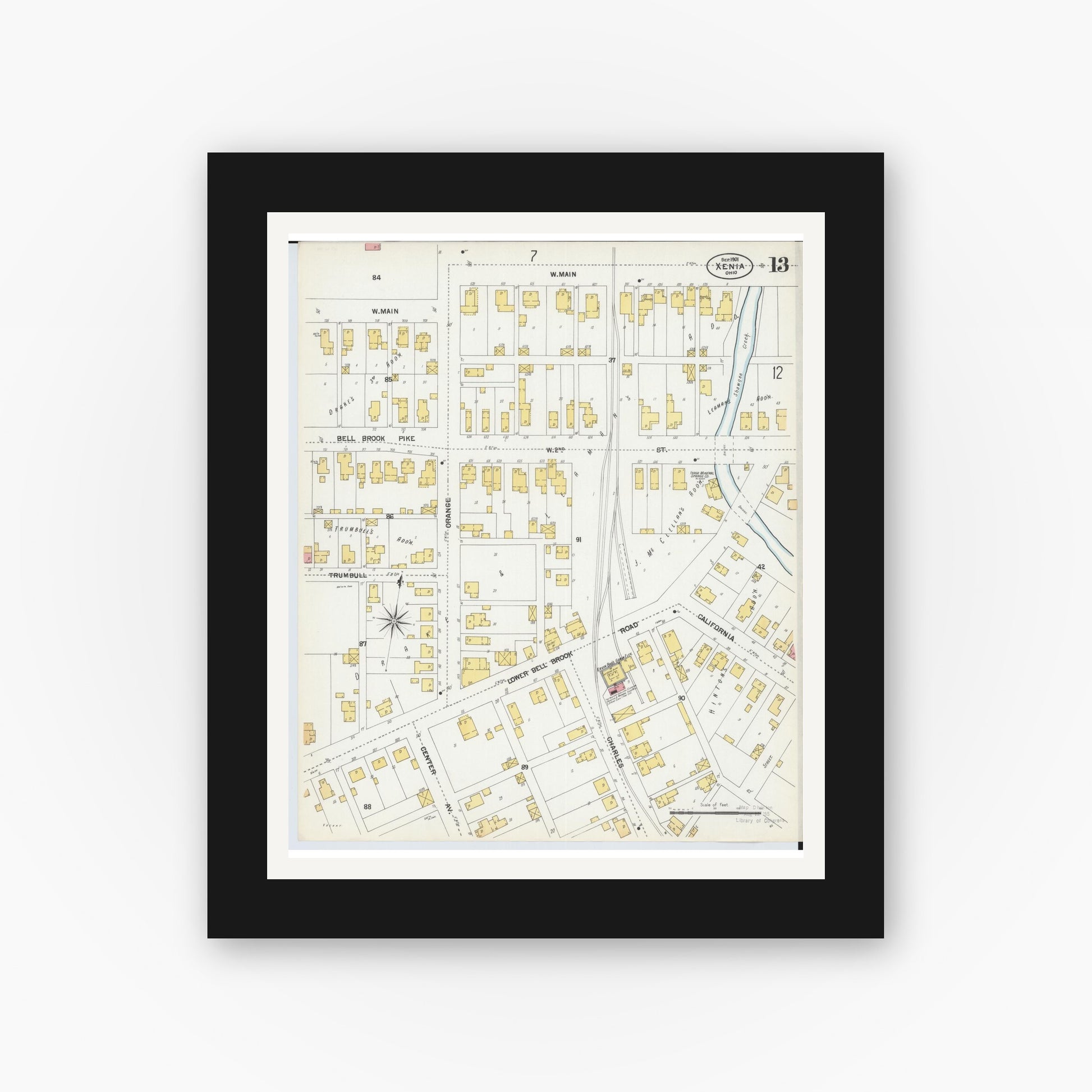 Old map wall art mockup — black gallery frame with white mat — Sanborn Fire Insurance Map from Xenia, Greene County, Ohio (1901), Sheet #0013