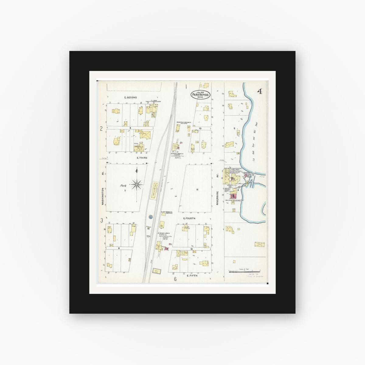 Old map wall art mockup — black gallery frame with white mat — Sanborn Fire Insurance Map from Park Rapids, Hubbard County, Minnesota (1907), Sheet #0004