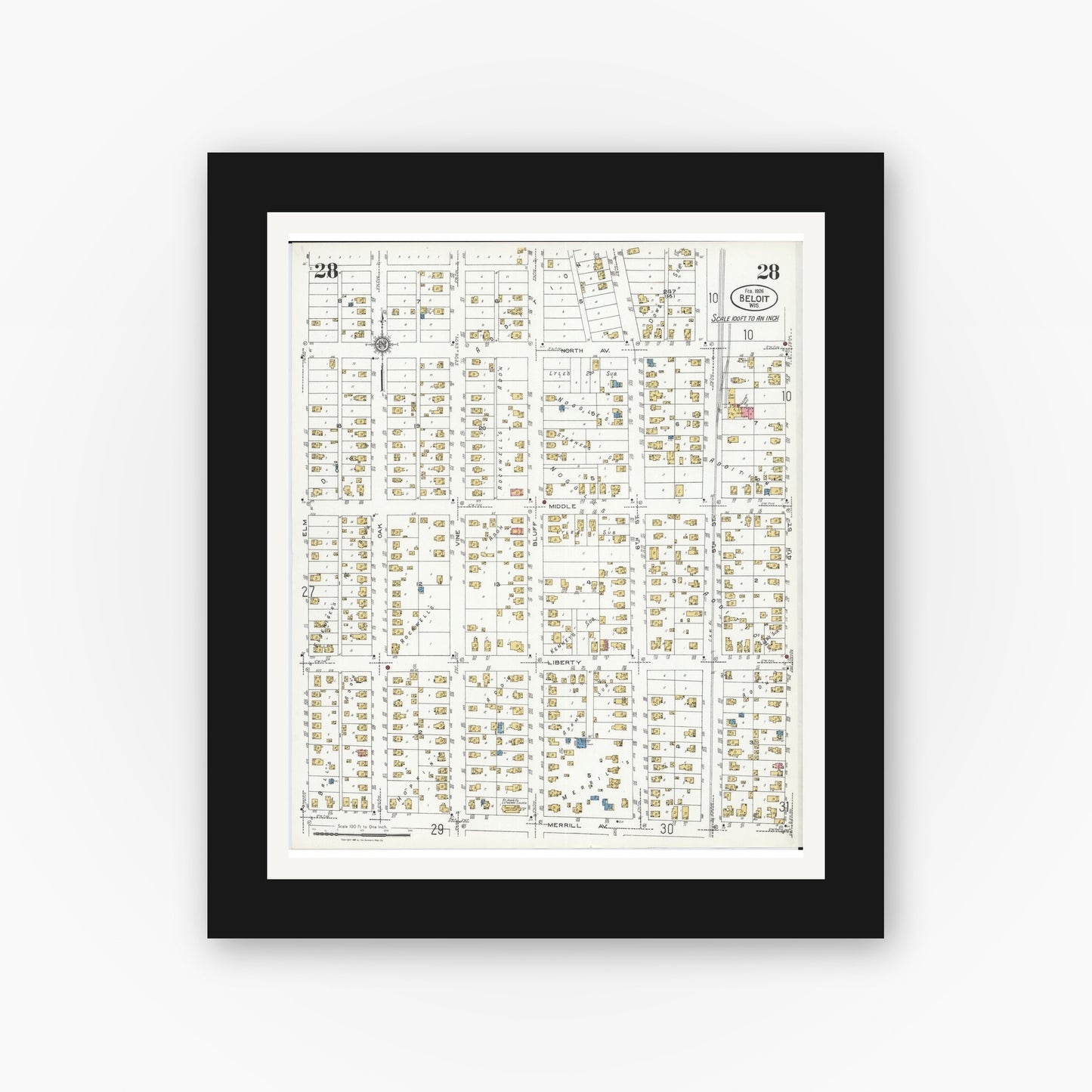 Old map wall art mockup — black gallery frame with white mat — Sanborn Fire Insurance Map from Beloit, Rock County, Wisconsin (1926), Sheet #0028