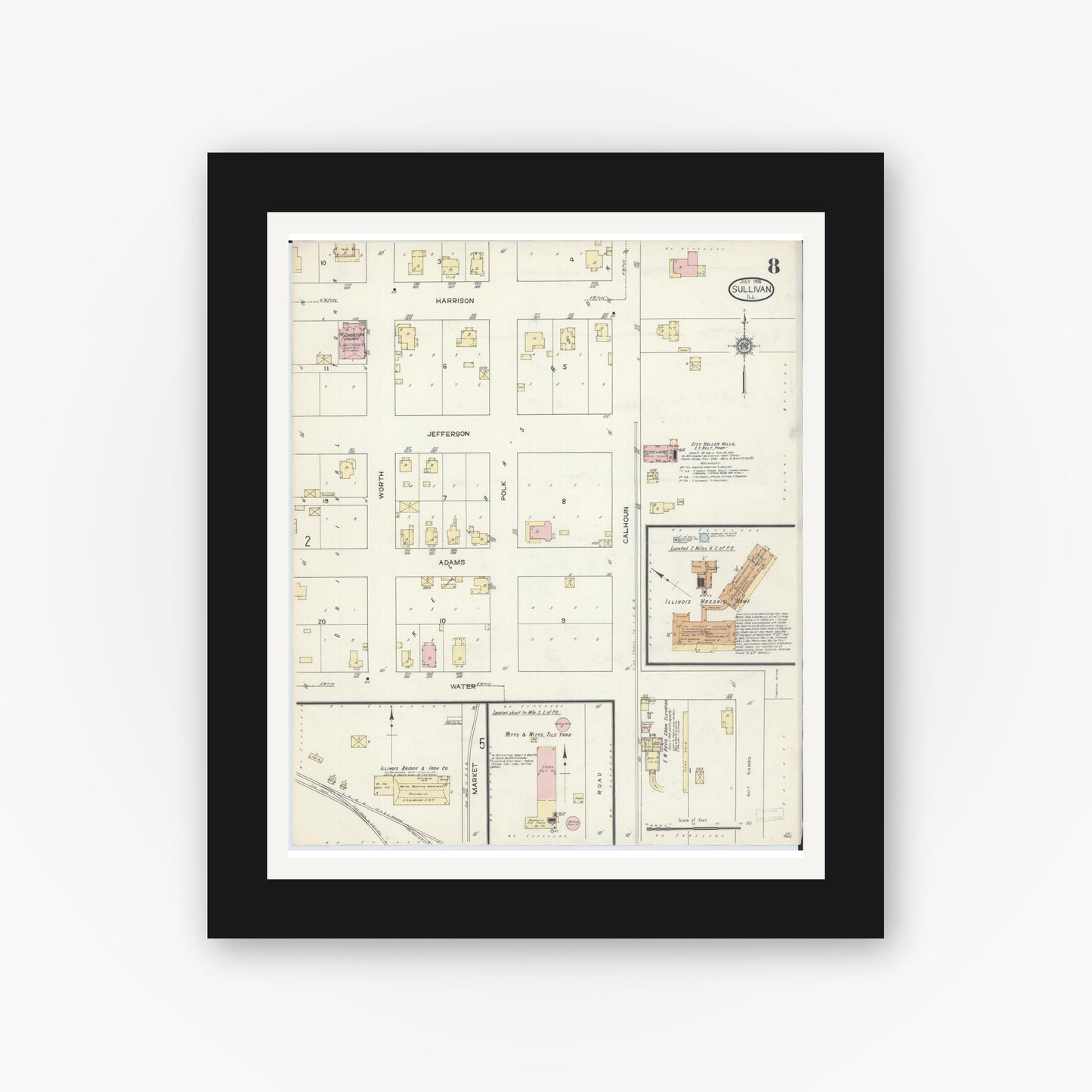 Old map wall art mockup — black gallery frame with white mat — Sanborn Fire Insurance Map from Sullivan, Moultrie County, Illinois (1914), Sheet #0008