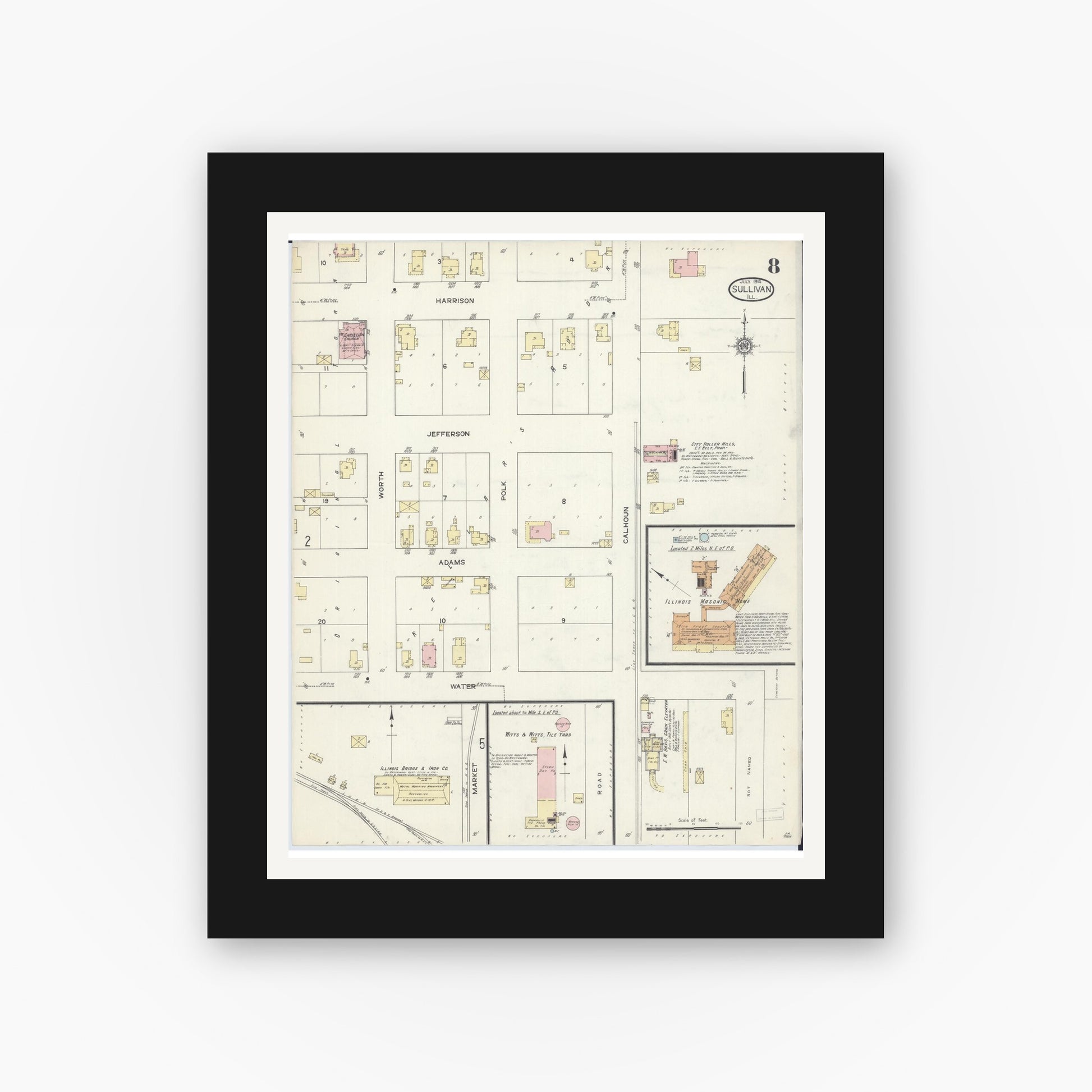 Old map wall art mockup — black gallery frame with white mat — Sanborn Fire Insurance Map from Sullivan, Moultrie County, Illinois (1914), Sheet #0008