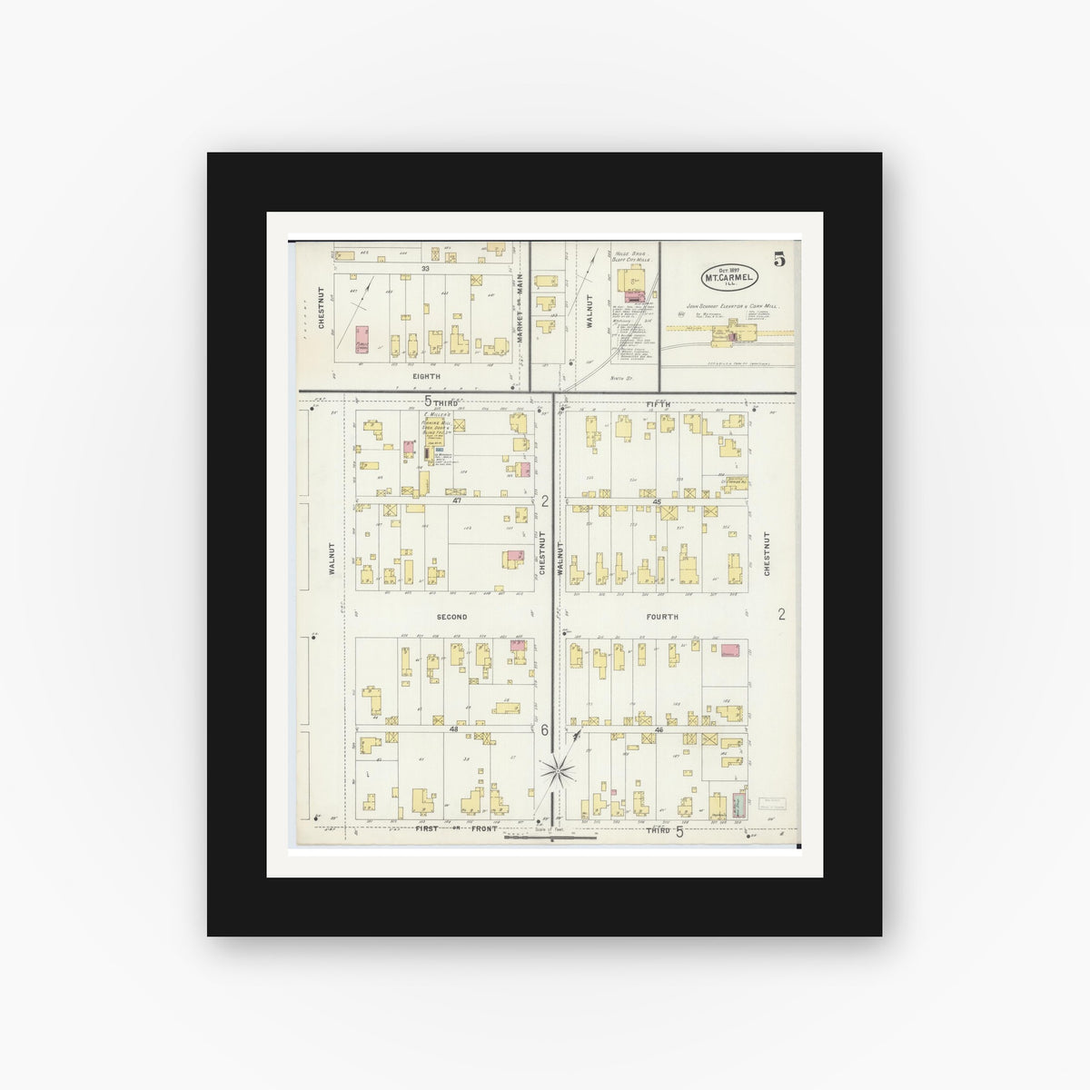 Old map wall art mockup — black gallery frame with white mat — Sanborn Fire Insurance Map from Mount Carmel, Wabash County, Illinois (1897), Sheet #0005