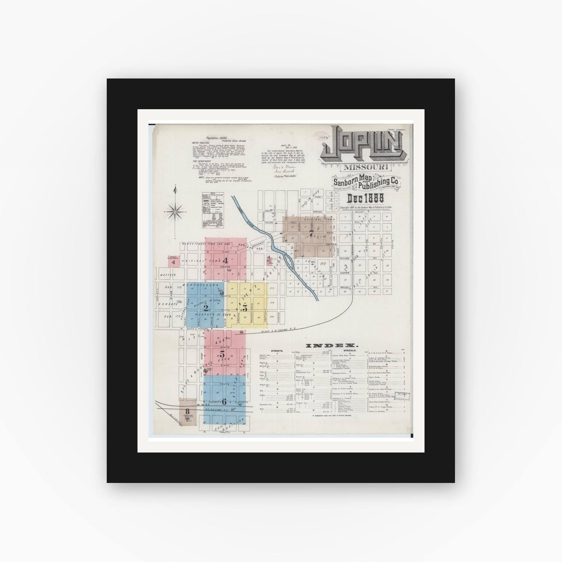Old map wall art mockup — black gallery frame with white mat — Sanborn Fire Insurance Map from Joplin, Jasper County, Missouri (1888), Sheet #0001