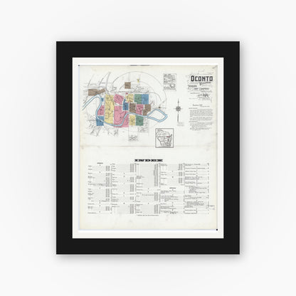Old map wall art mockup — black gallery frame with white mat — Sanborn Fire Insurance Map from Oconto, Oconto County, Wisconsin (1919), Sheet #0001