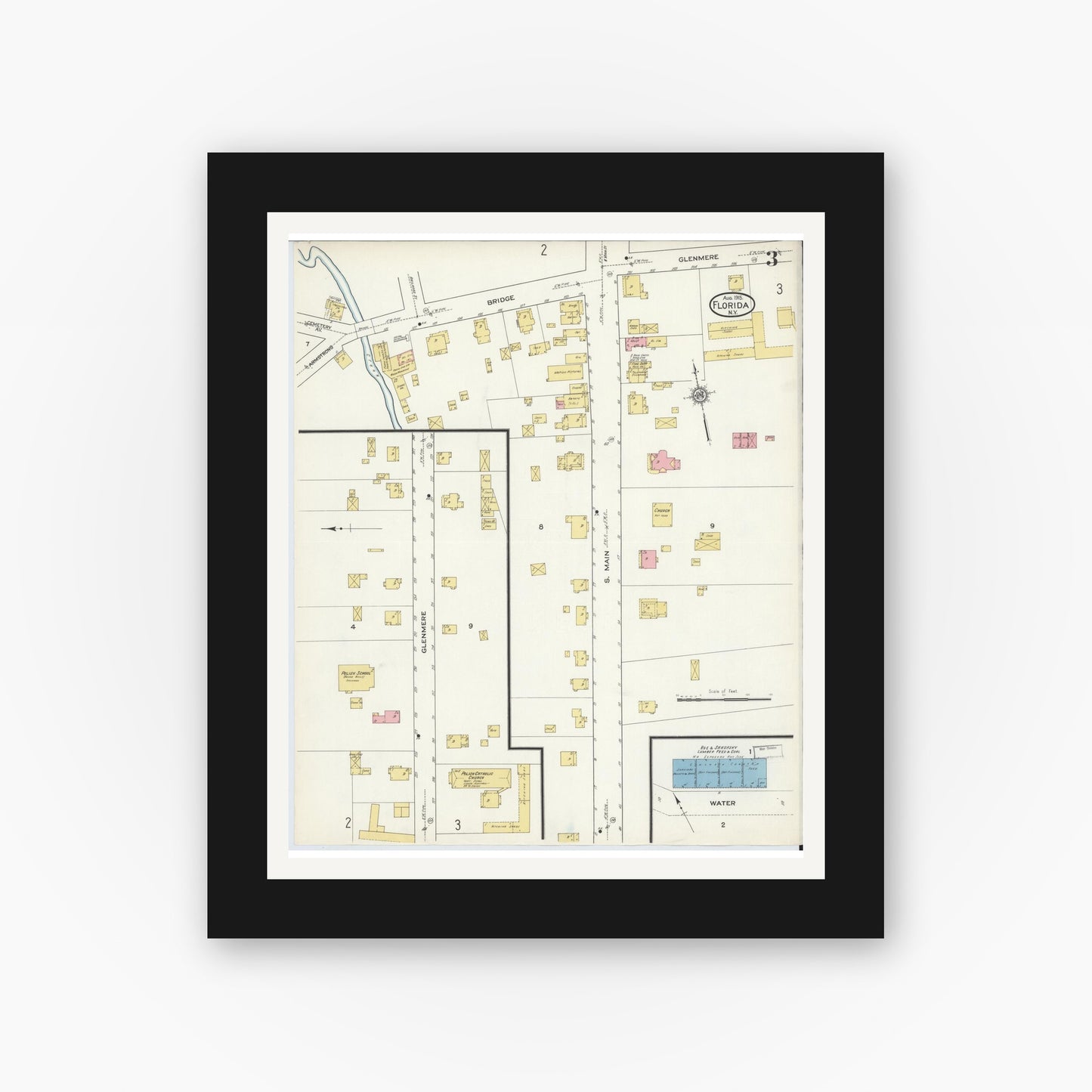 Old map wall art mockup — black gallery frame with white mat — Sanborn Fire Insurance Map from Florida, Orange County, New York (1915), Sheet #0003